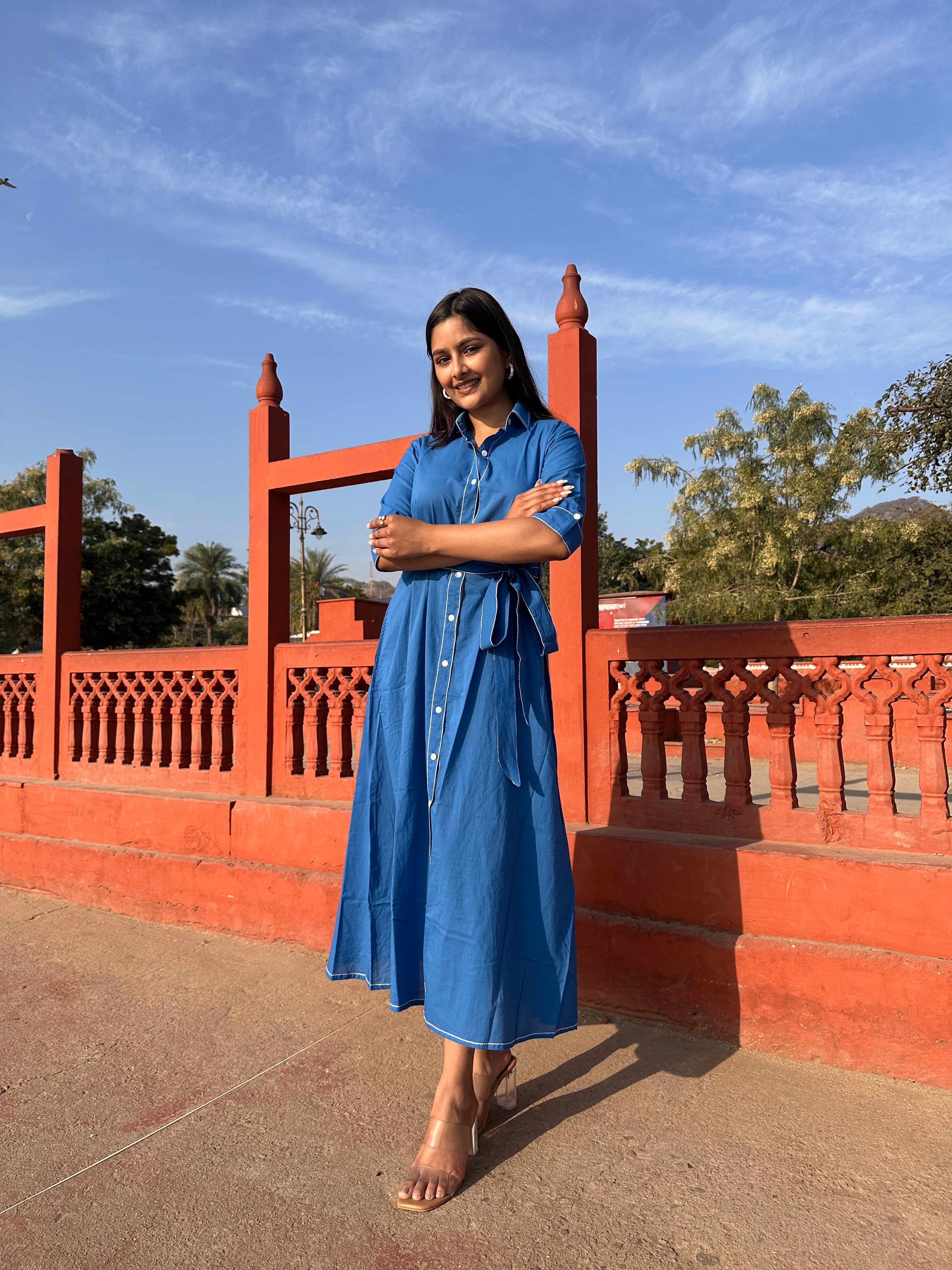 Blue Belted Shirt Dress