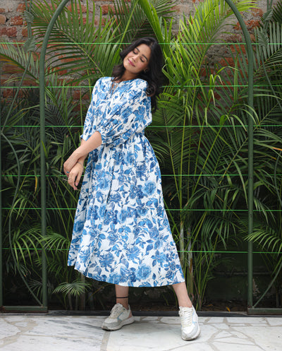 Blue Floral Tiered Long Dress