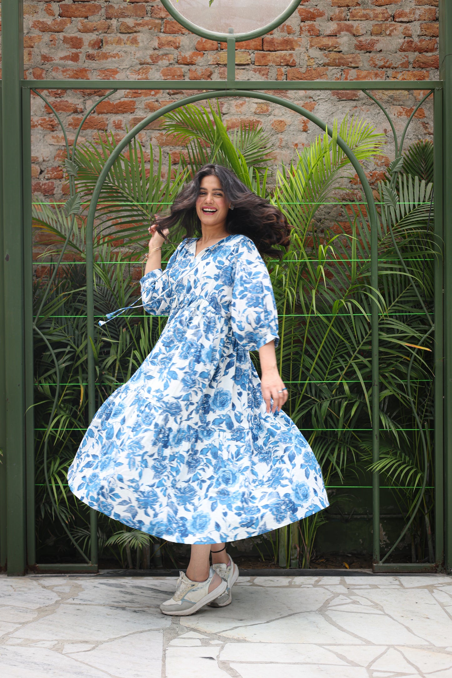 Blue Floral Tiered Long Dress