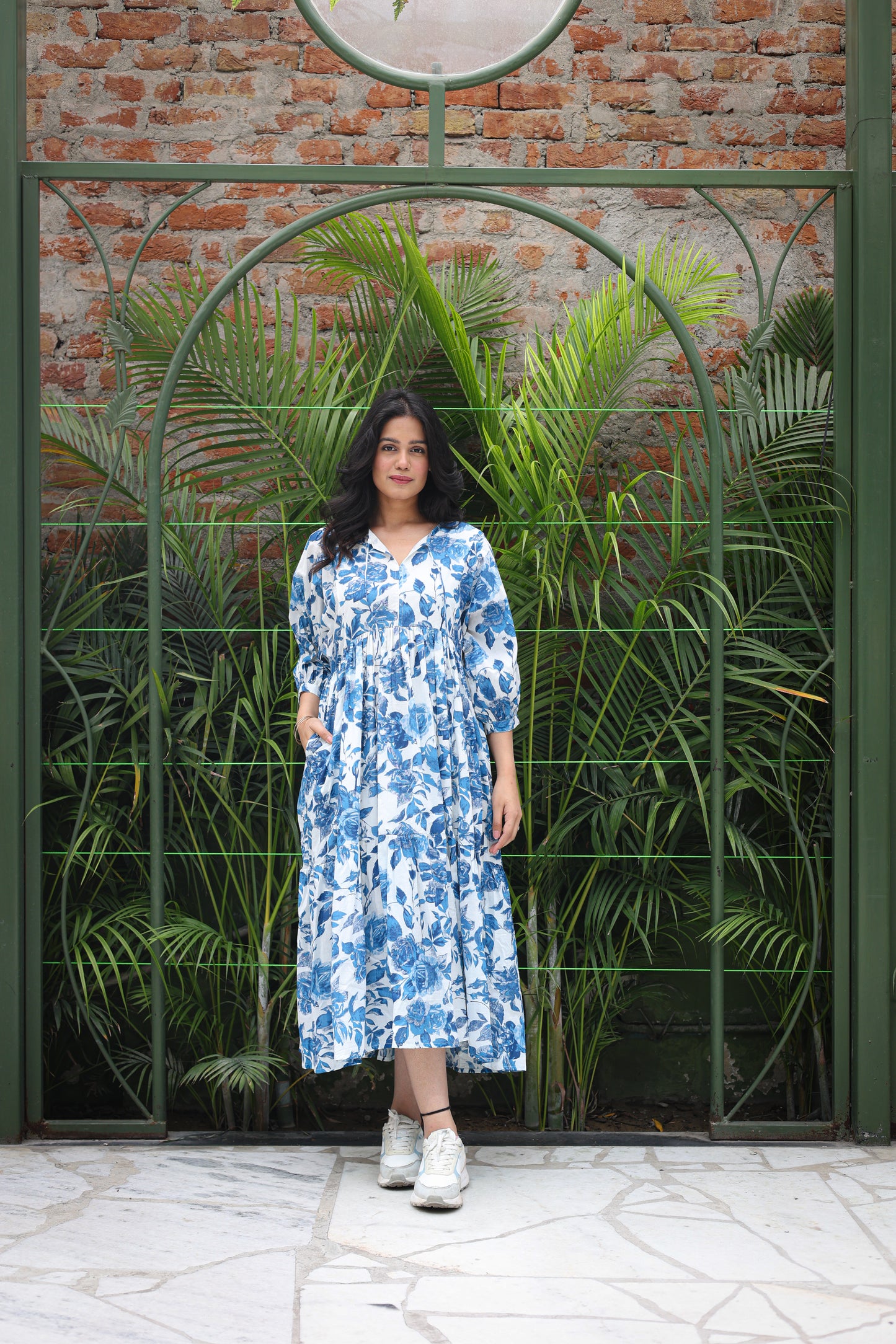 Blue Floral Tiered Long Dress