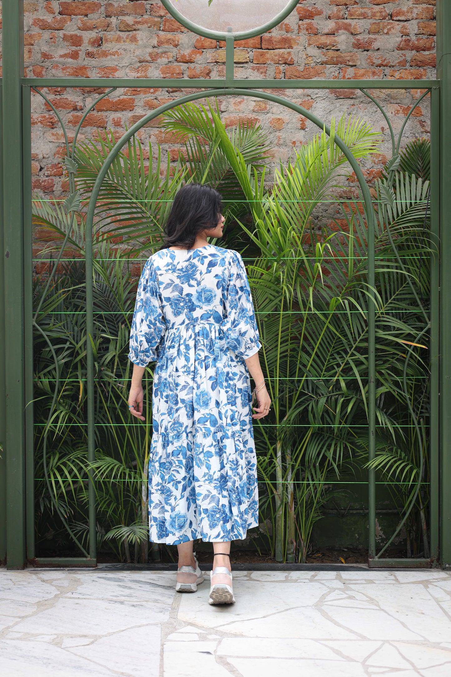 Blue Floral Tiered Long Dress