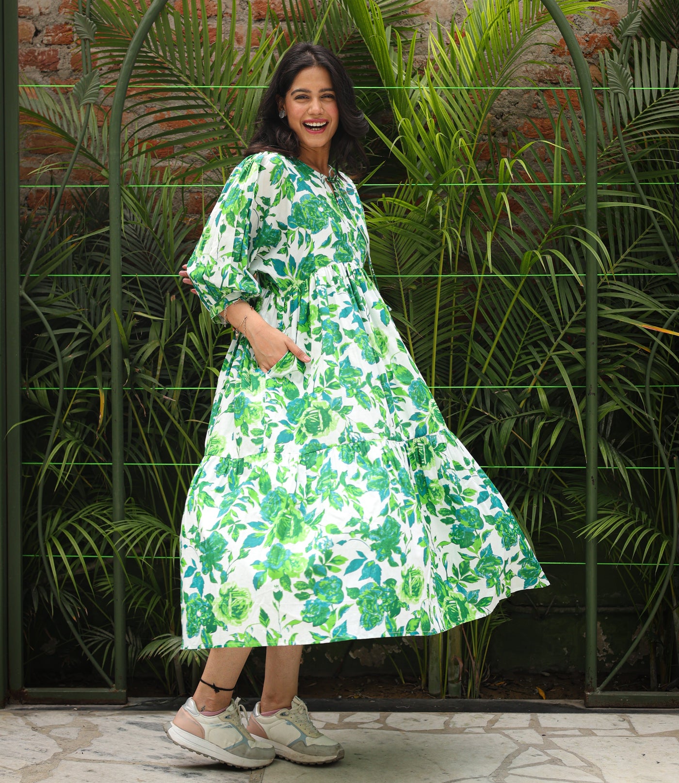 Green Floral Tiered Long Dress