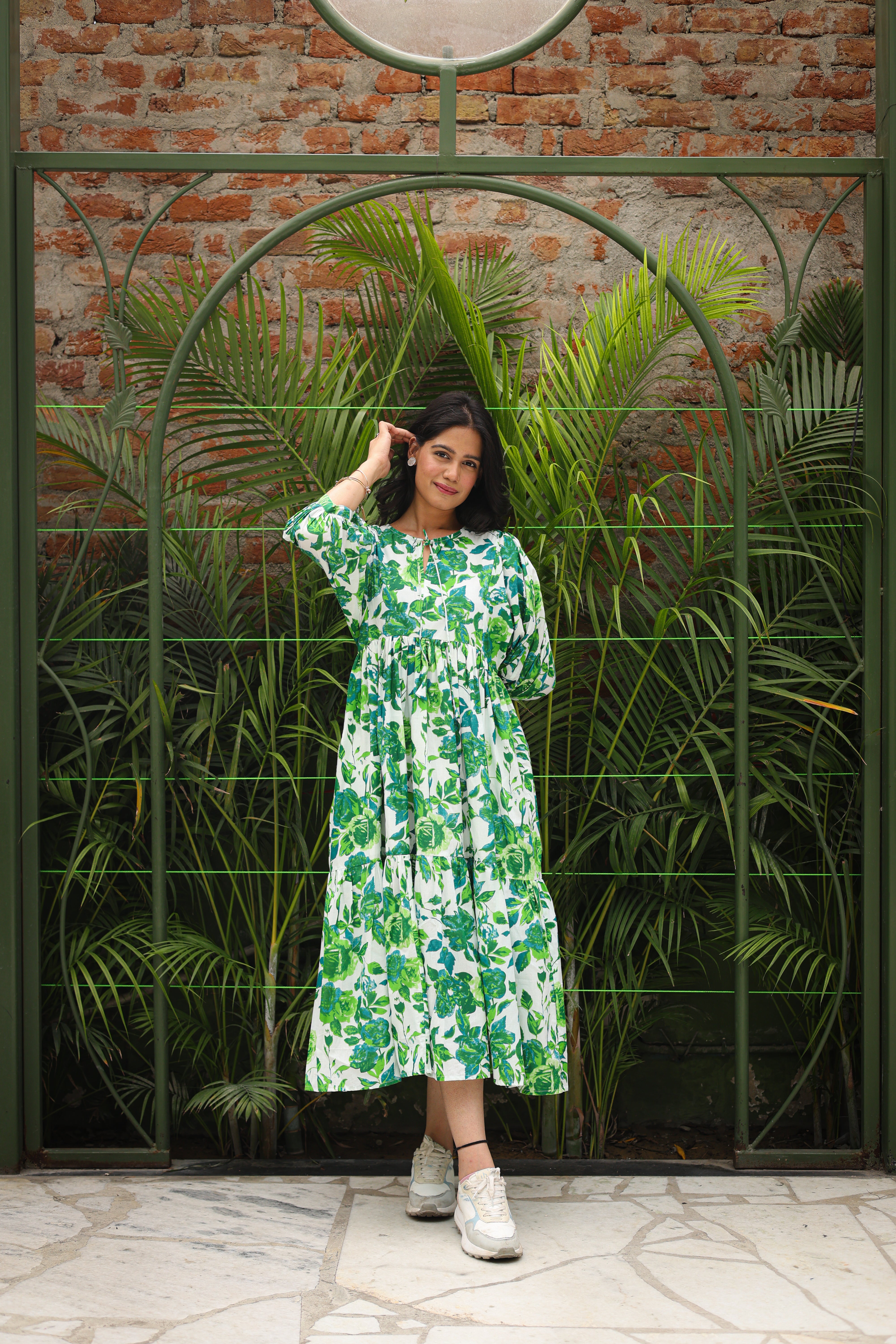 Green Floral Tiered Long Dress