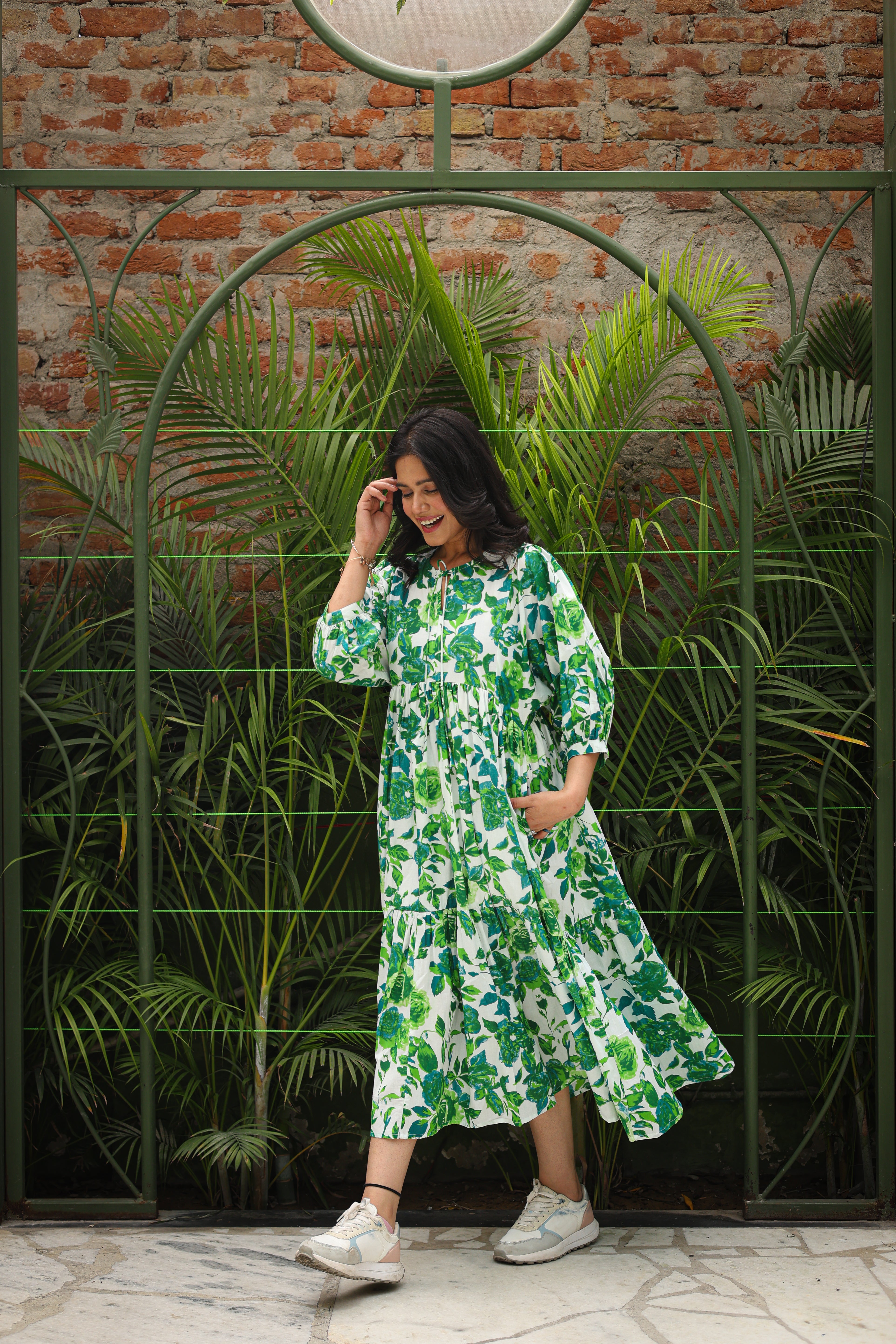 Green Floral Tiered Long Dress