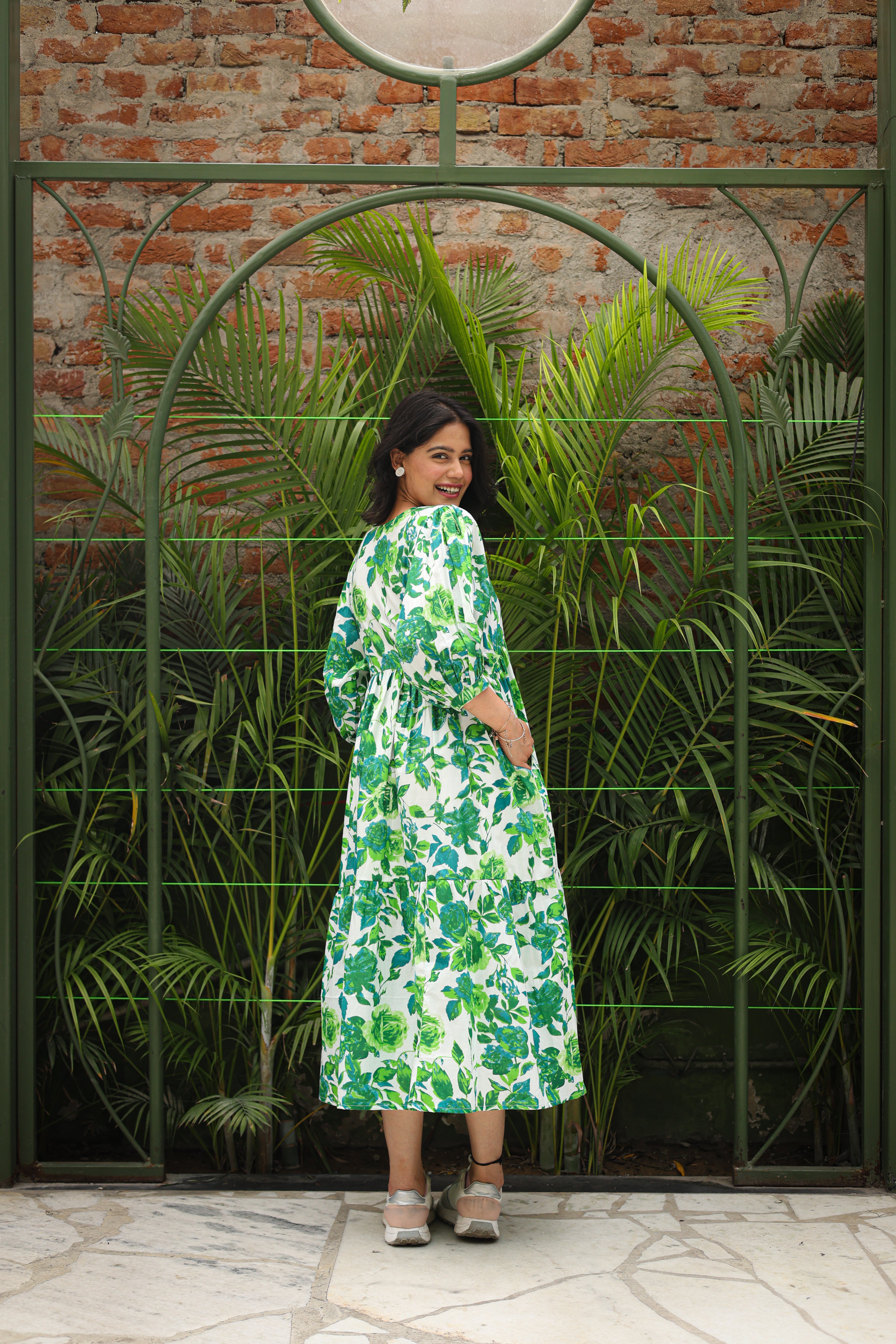 Green Floral Tiered Long Dress