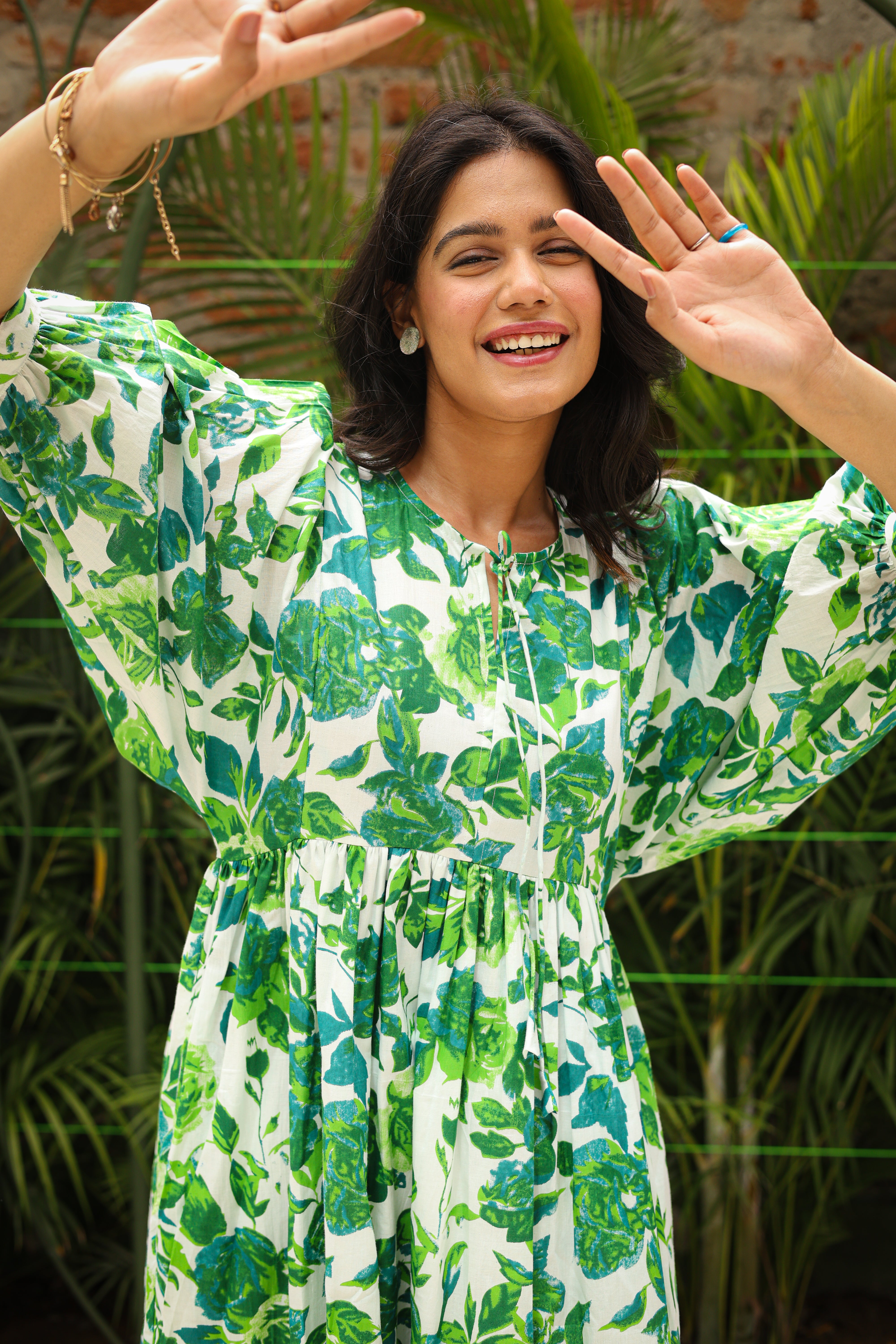 Green Floral Tiered Long Dress