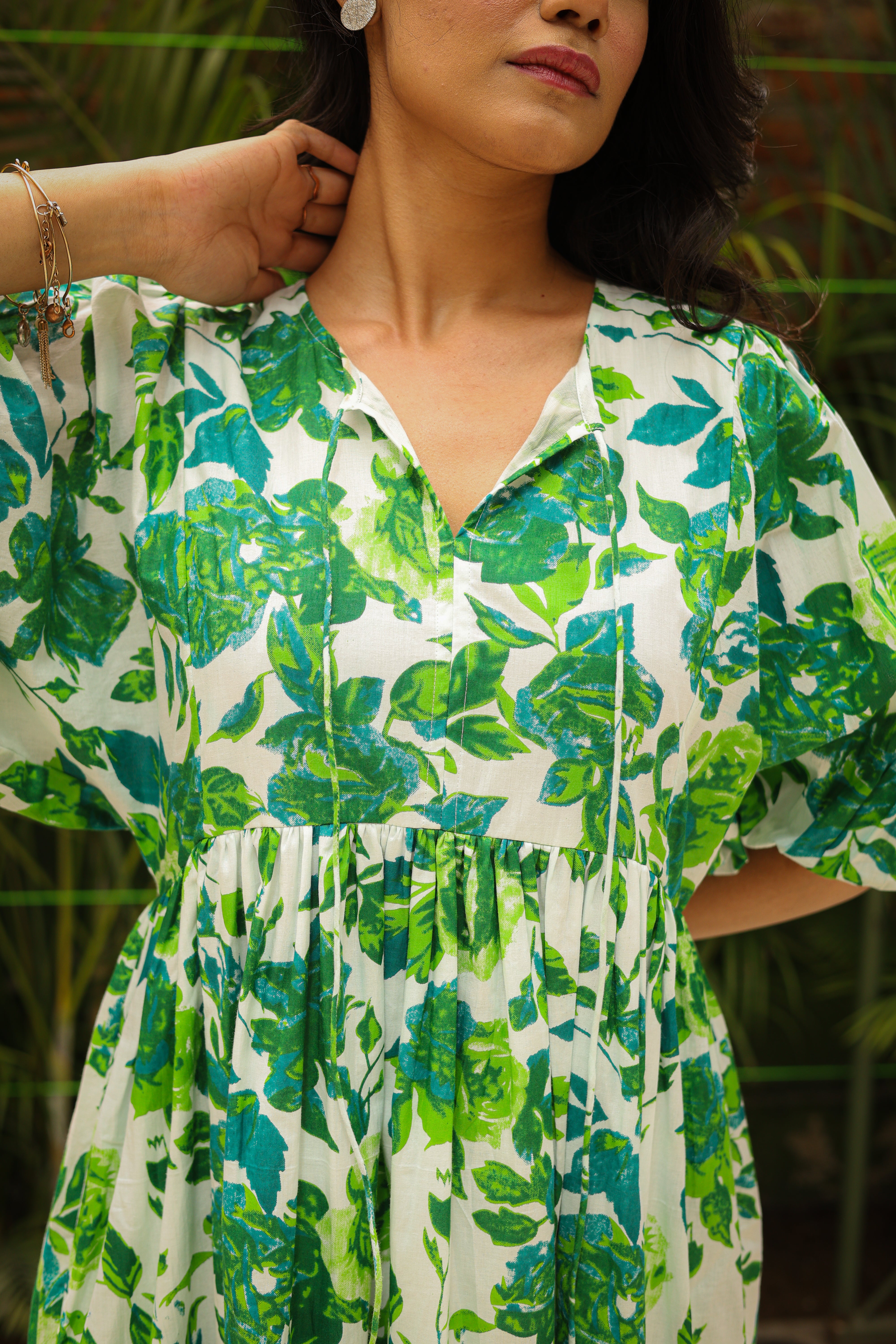 Green Floral Tiered Long Dress