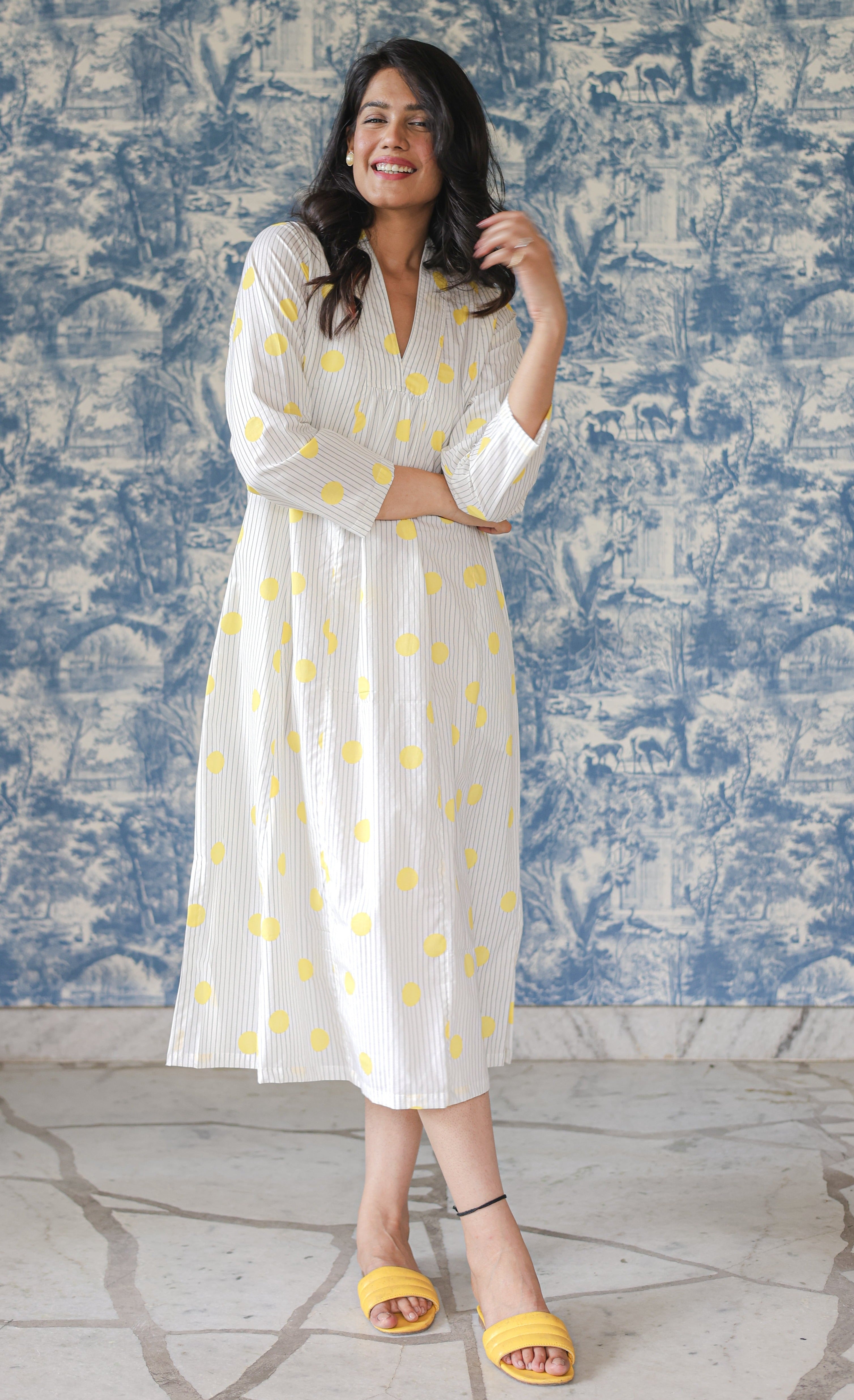 Yellow Striped With Polka Straight Dress