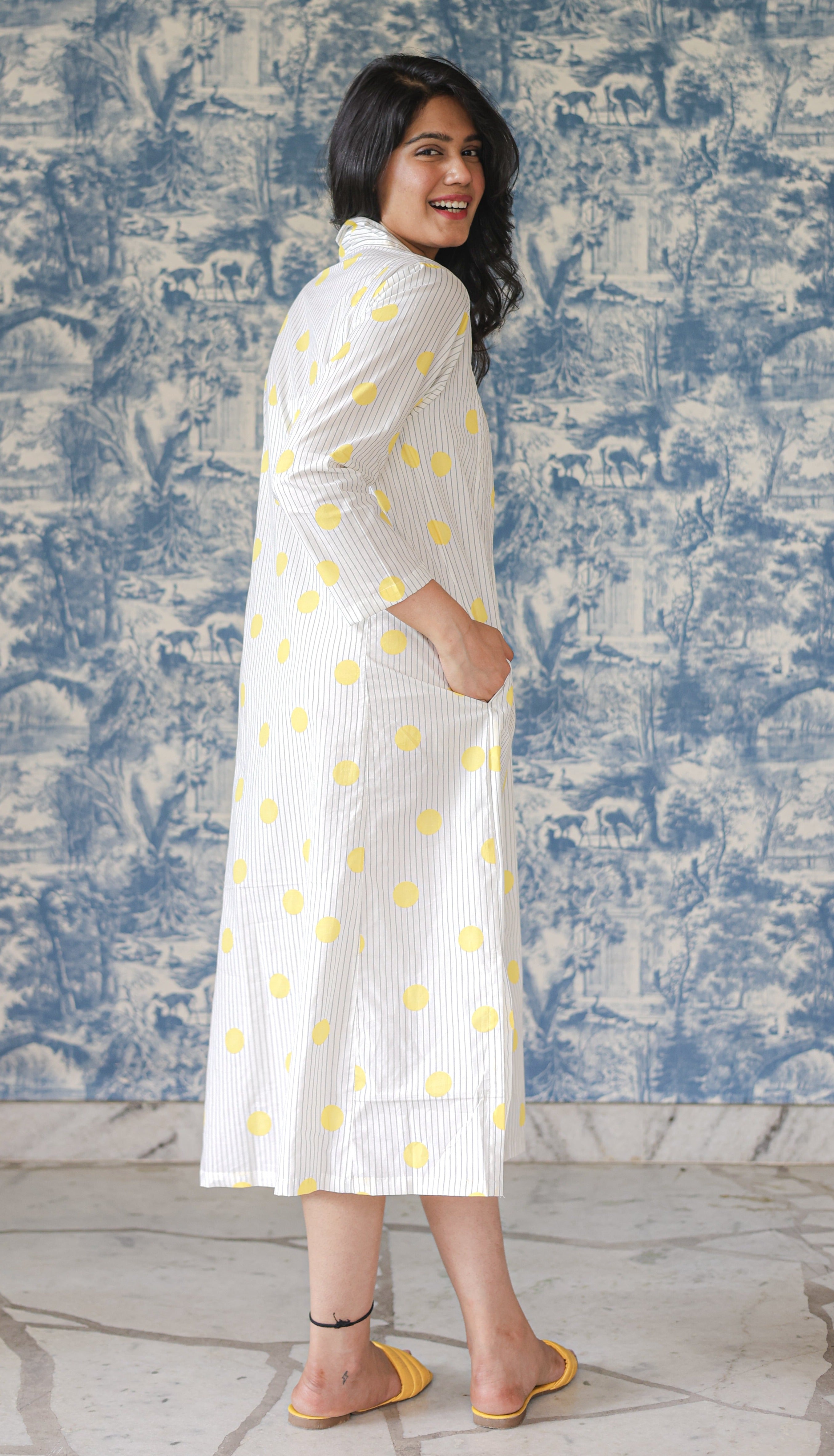 Yellow Striped With Polka Straight Dress