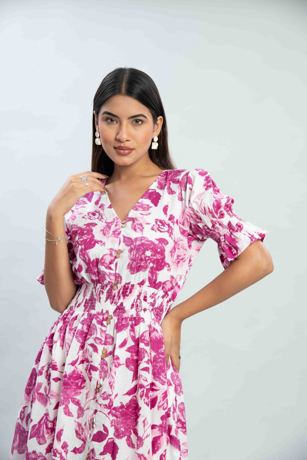 Pink Floral Printed Midi Dress