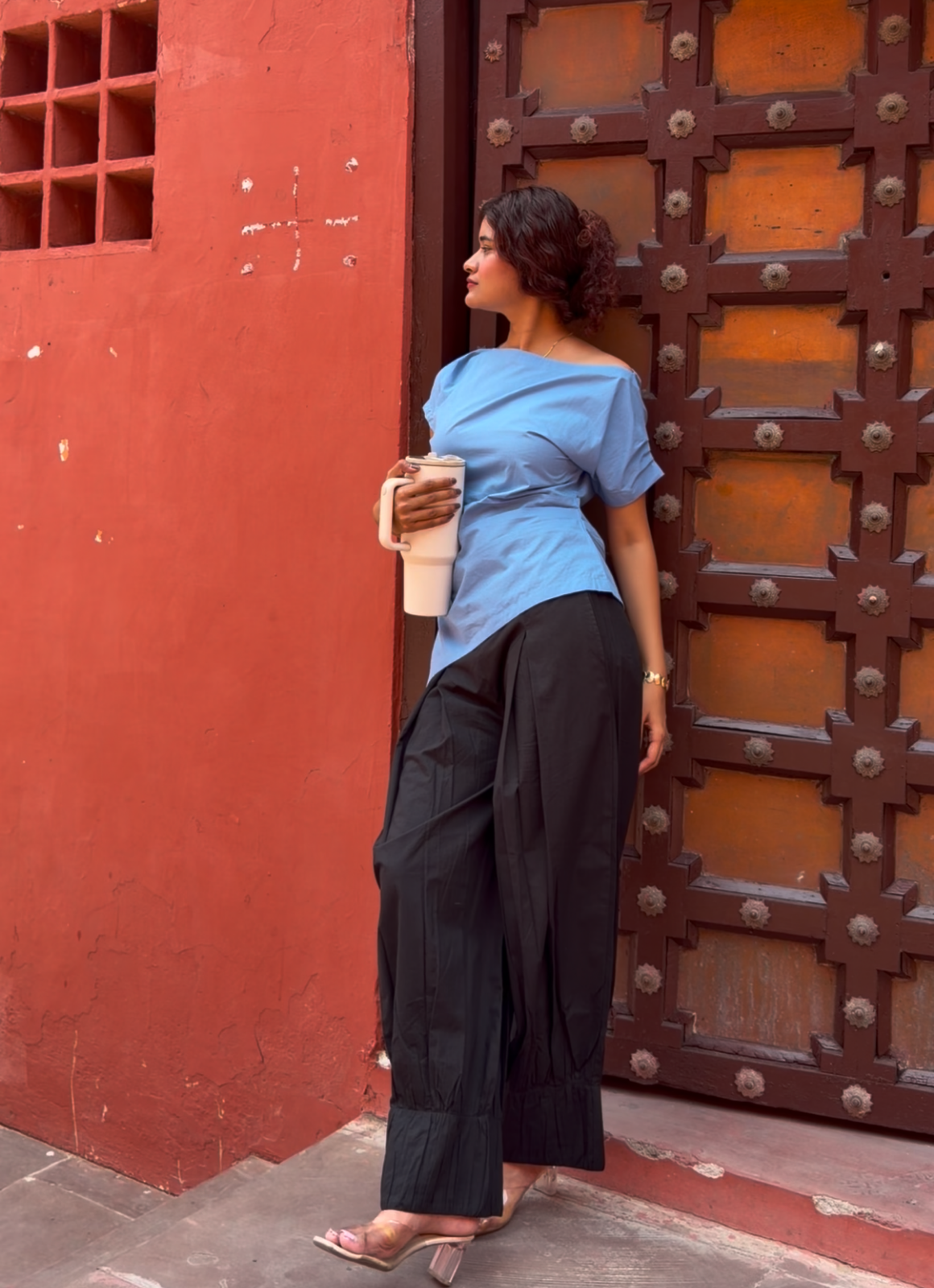⁠Sky Blue Top with Black Balloon Pant