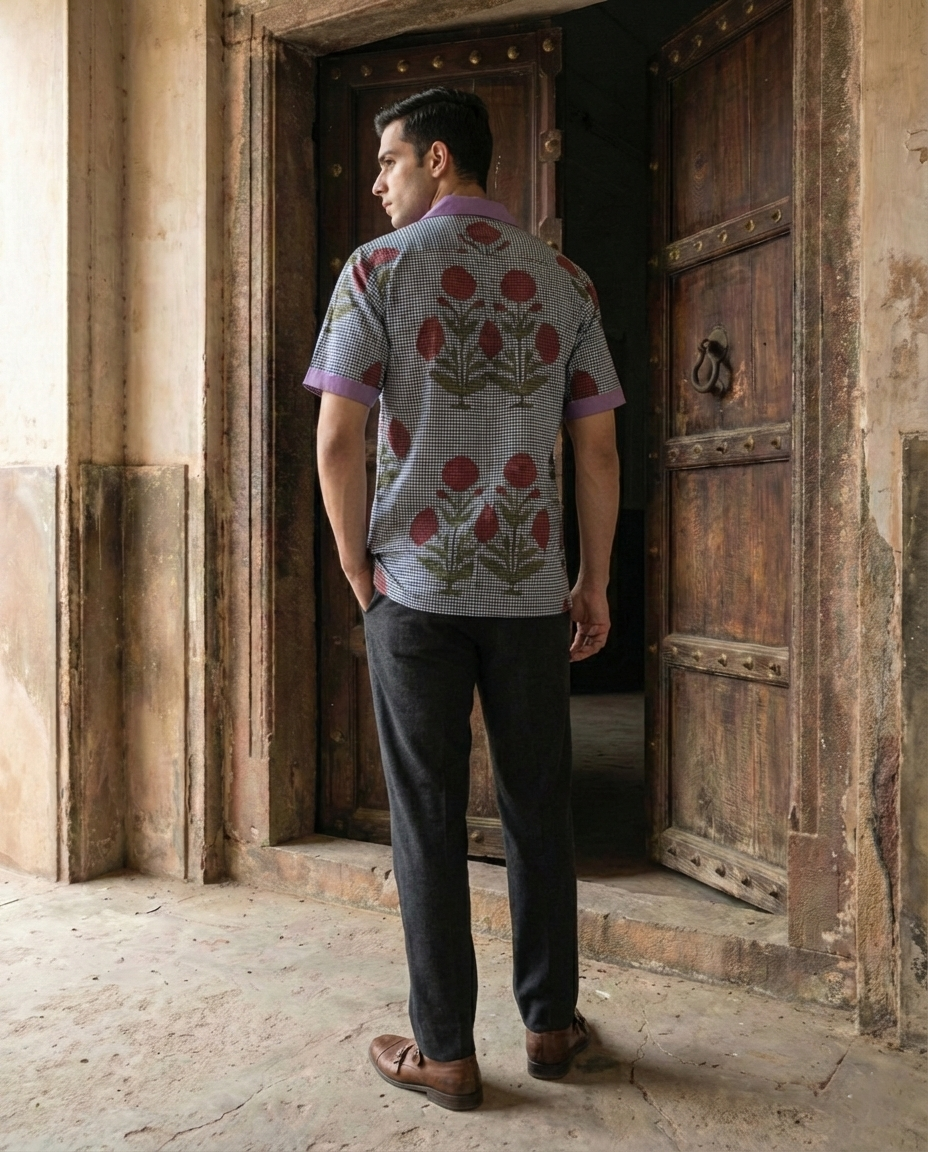 Blue Floral Contrast Collar Menʼs Shirt