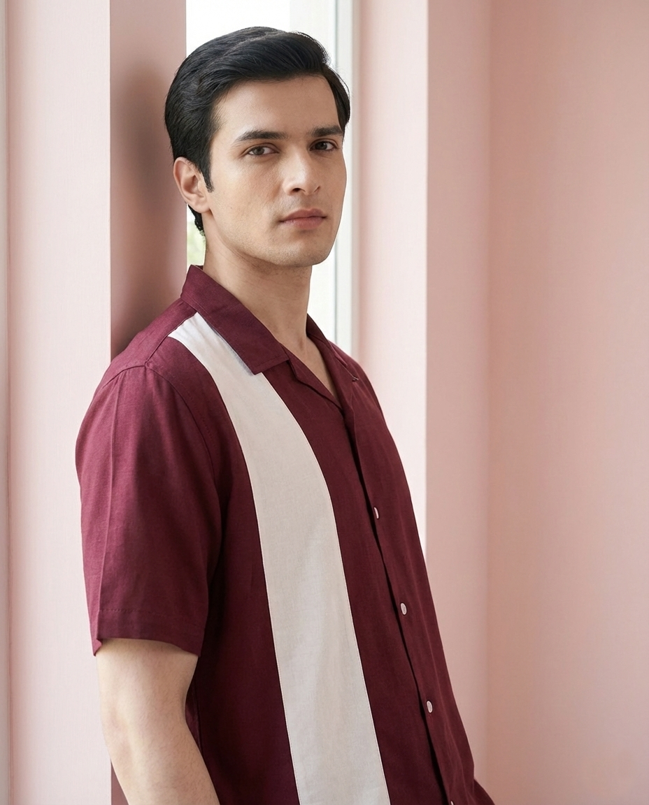 Burgundy Off White Contrast Farshi and Shirt Matching Couple Set