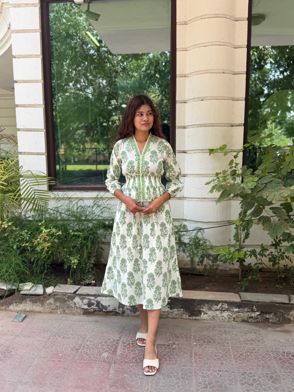 Hand-blocked White & Green Elasticated Long Dress