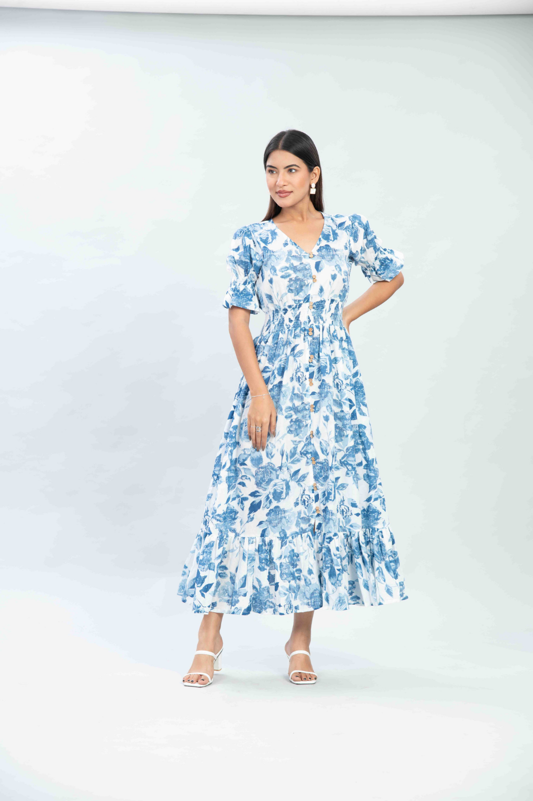 Blue Floral Printed Midi Dress