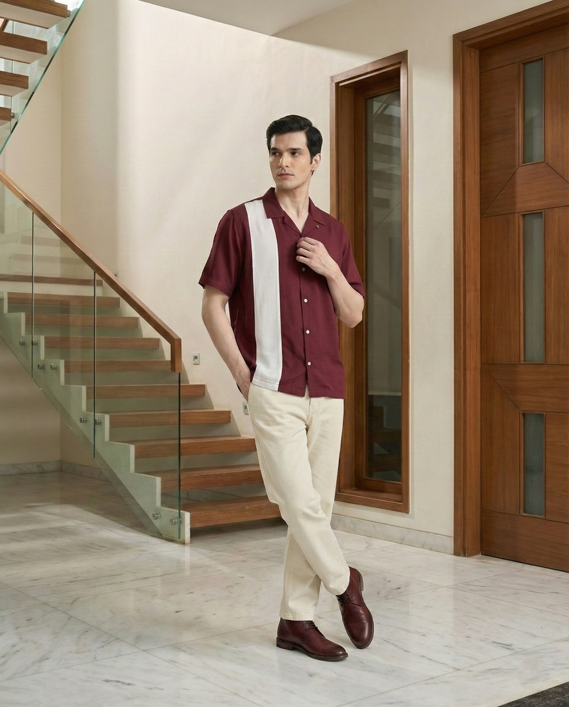 Burgundy Contrast Rayon Menʼs Shirt