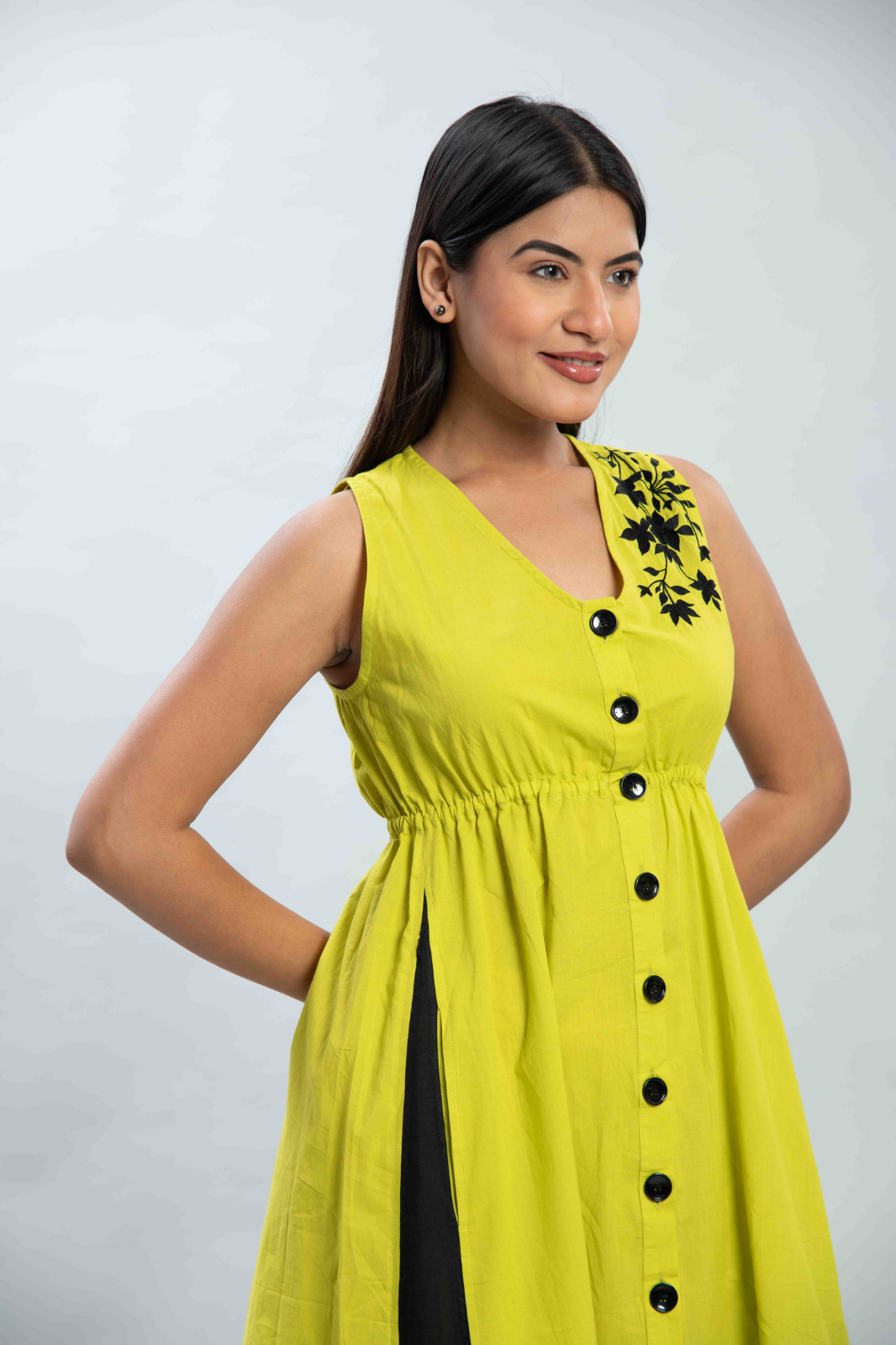 Lime embroidered long flare dress