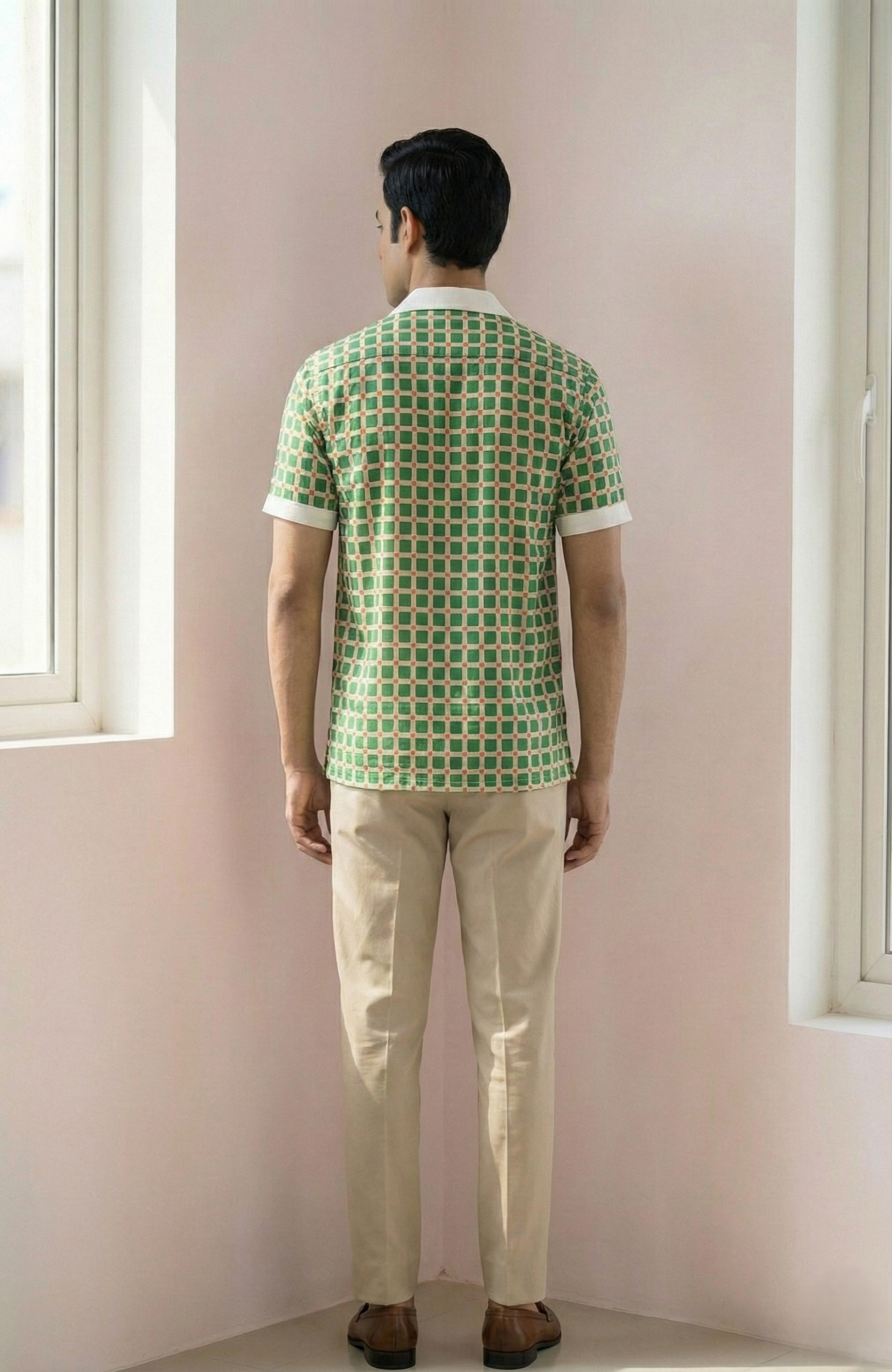 Green White Checked Contrast collar Menʼs Shirt