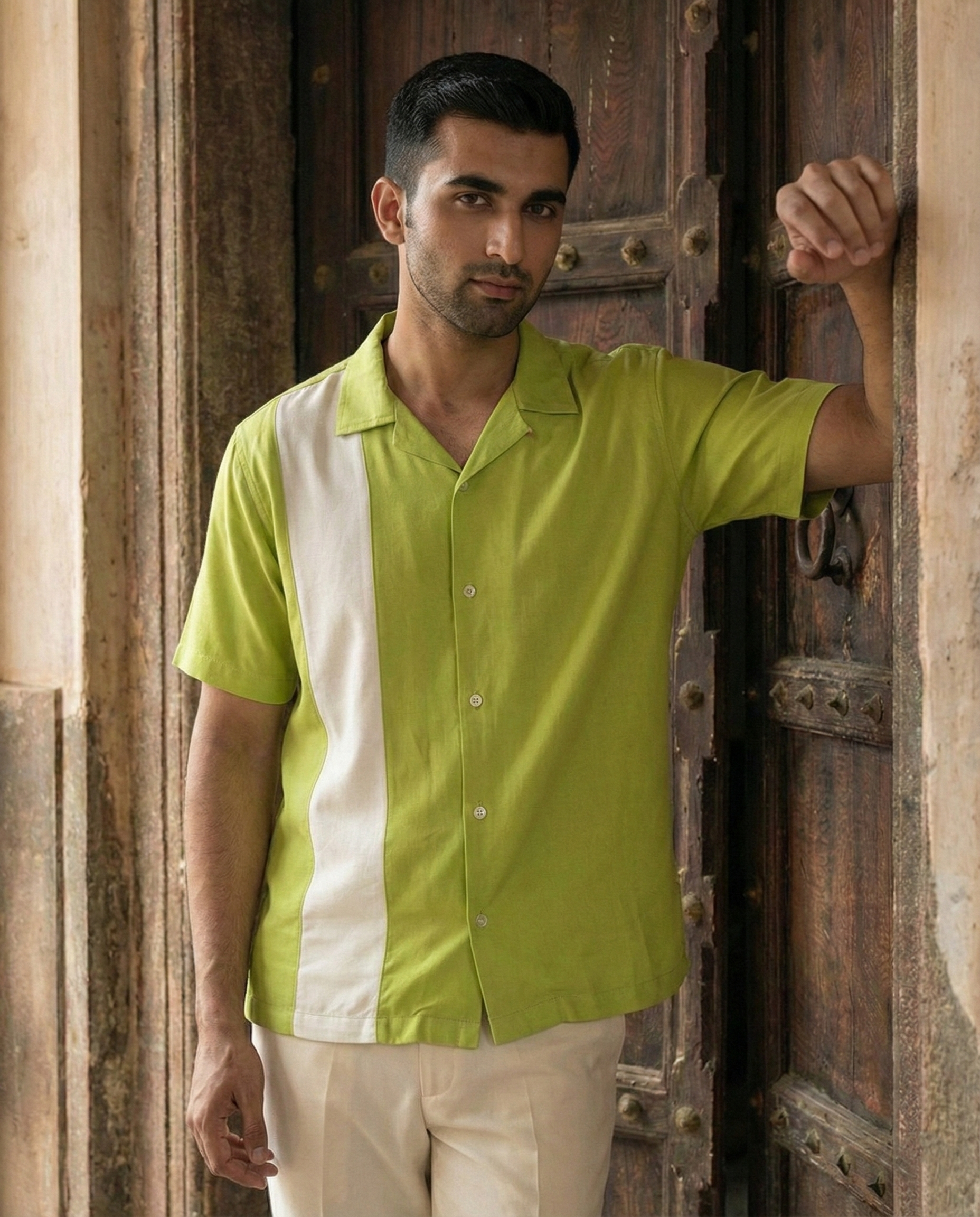 Lime Green Off White Contrast Farshi and Shirt Matching Couple Set