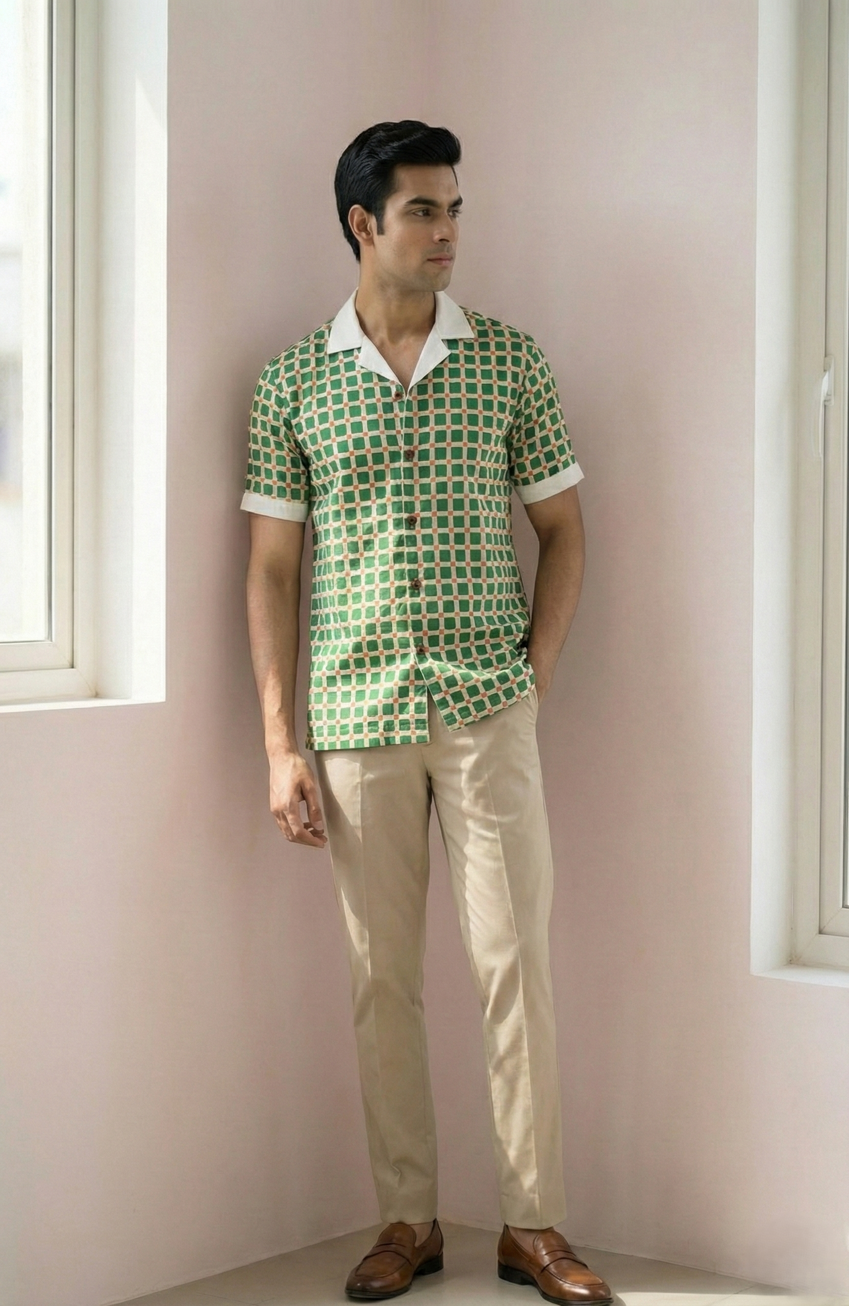 Green White Checked Contrast collar Menʼs Shirt
