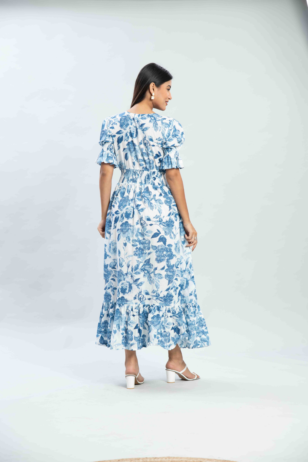 Blue Floral Printed Midi Dress