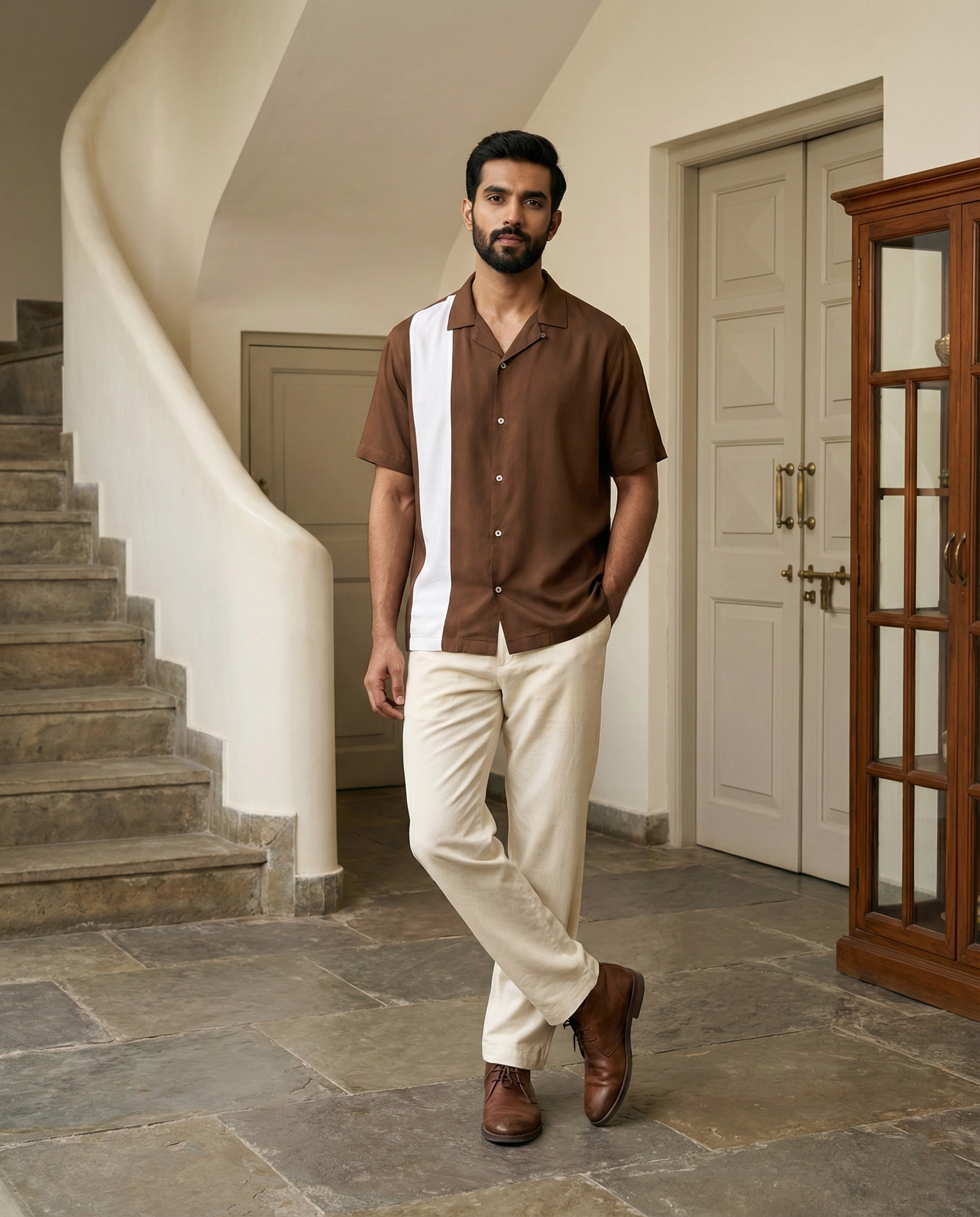 Solid Brown Off White Contrast Farshi and Shirt Matching Couple Set