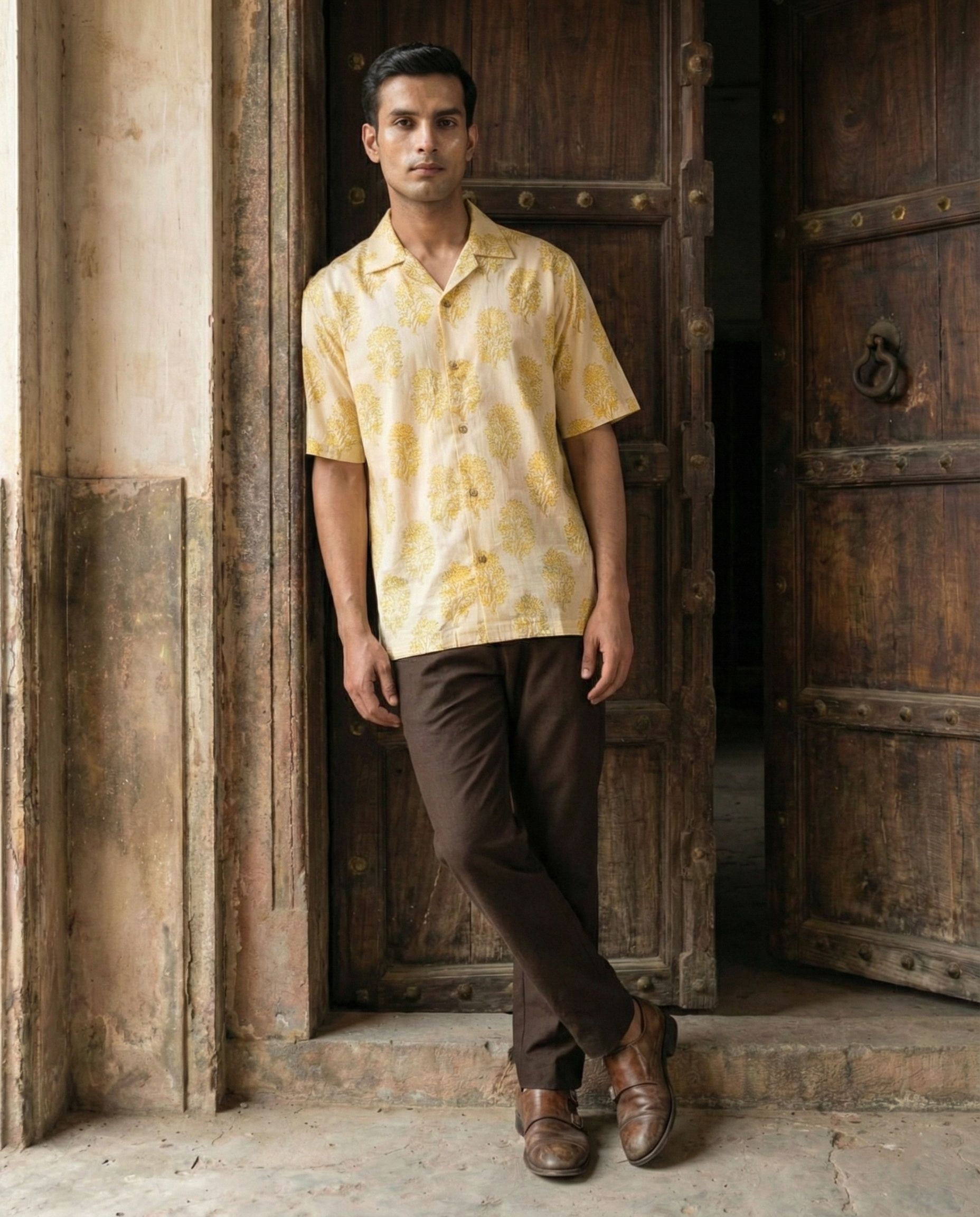 White and Yellow Handblock Menʼs Shirt