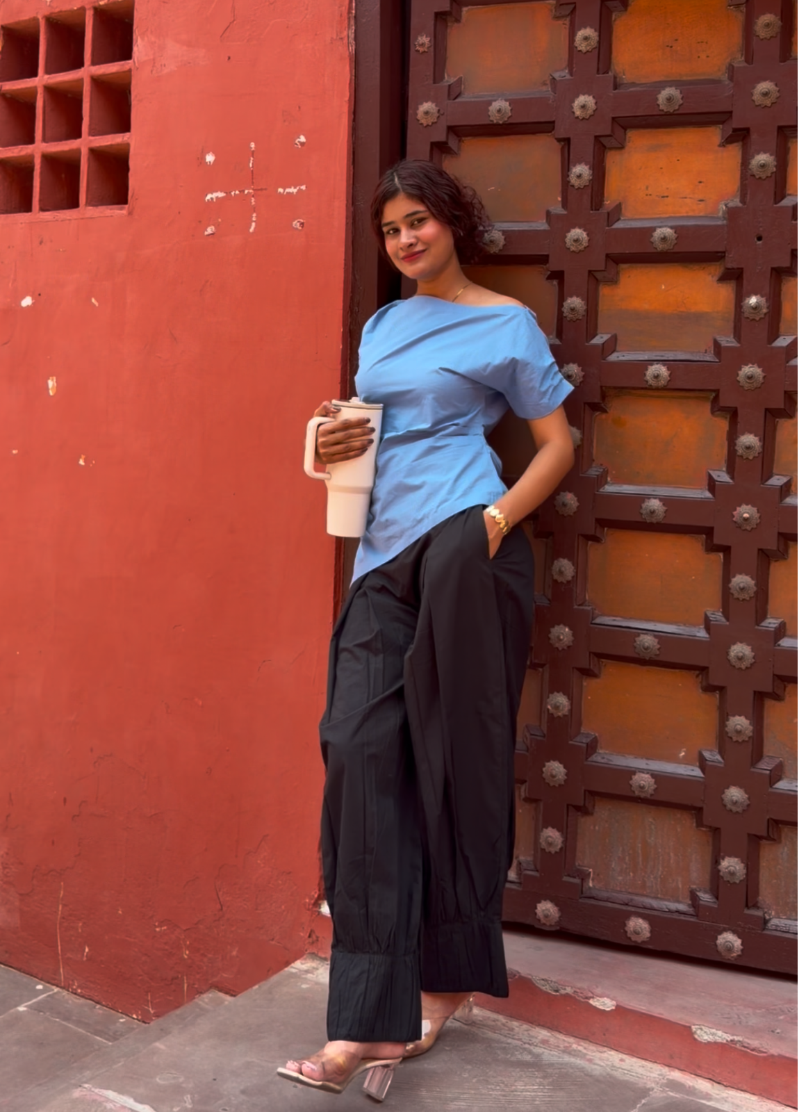 ⁠Sky Blue Top with Black Balloon Pant