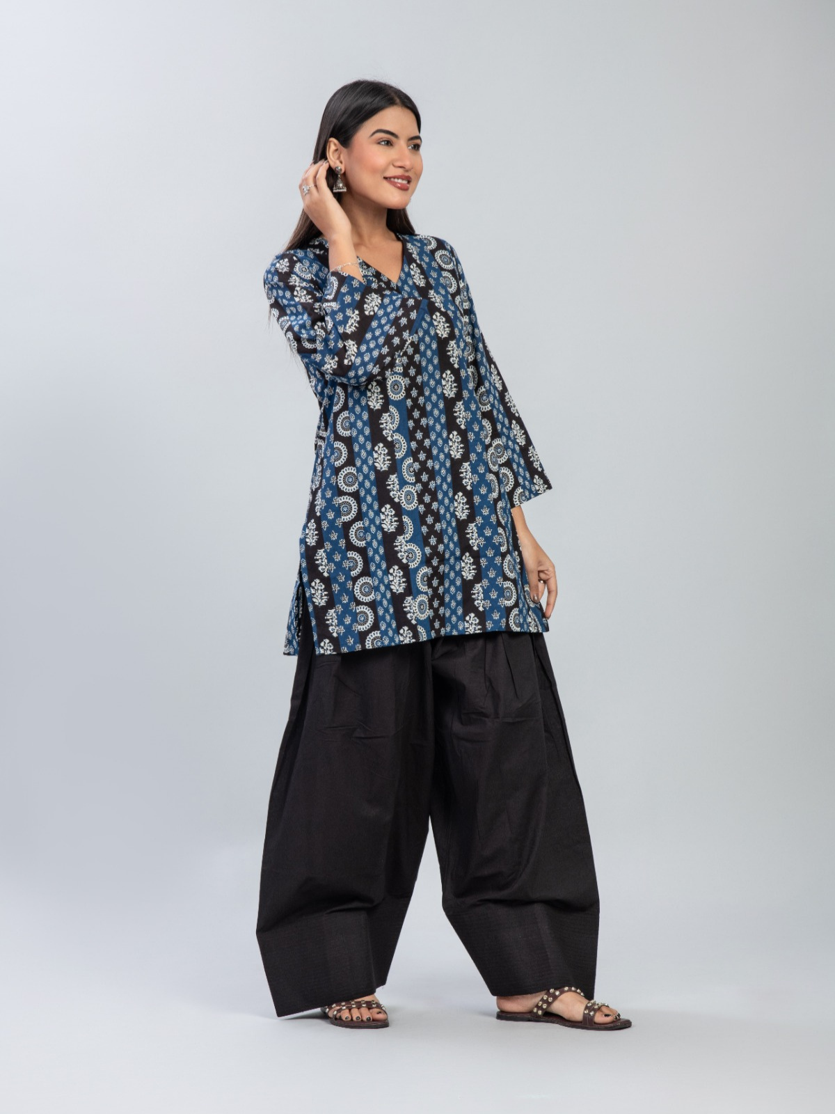 Indigo Ajrakh Print Kurti & Black Farshi Salwar Set