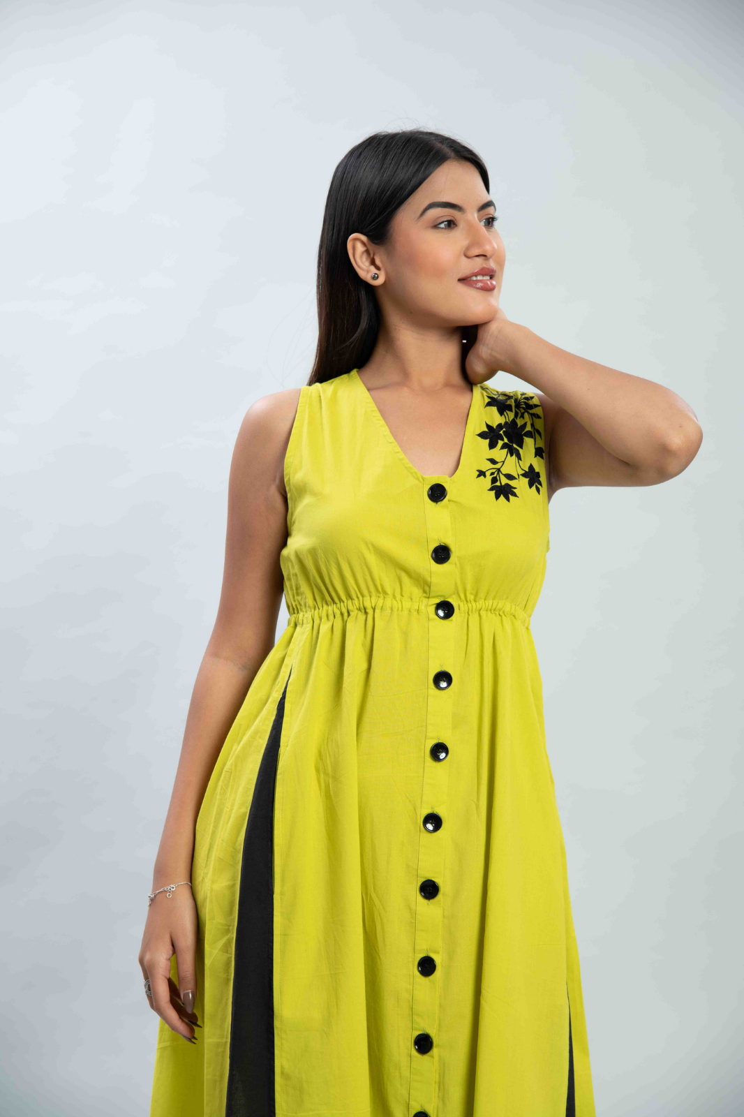 Lime embroidered long flare dress