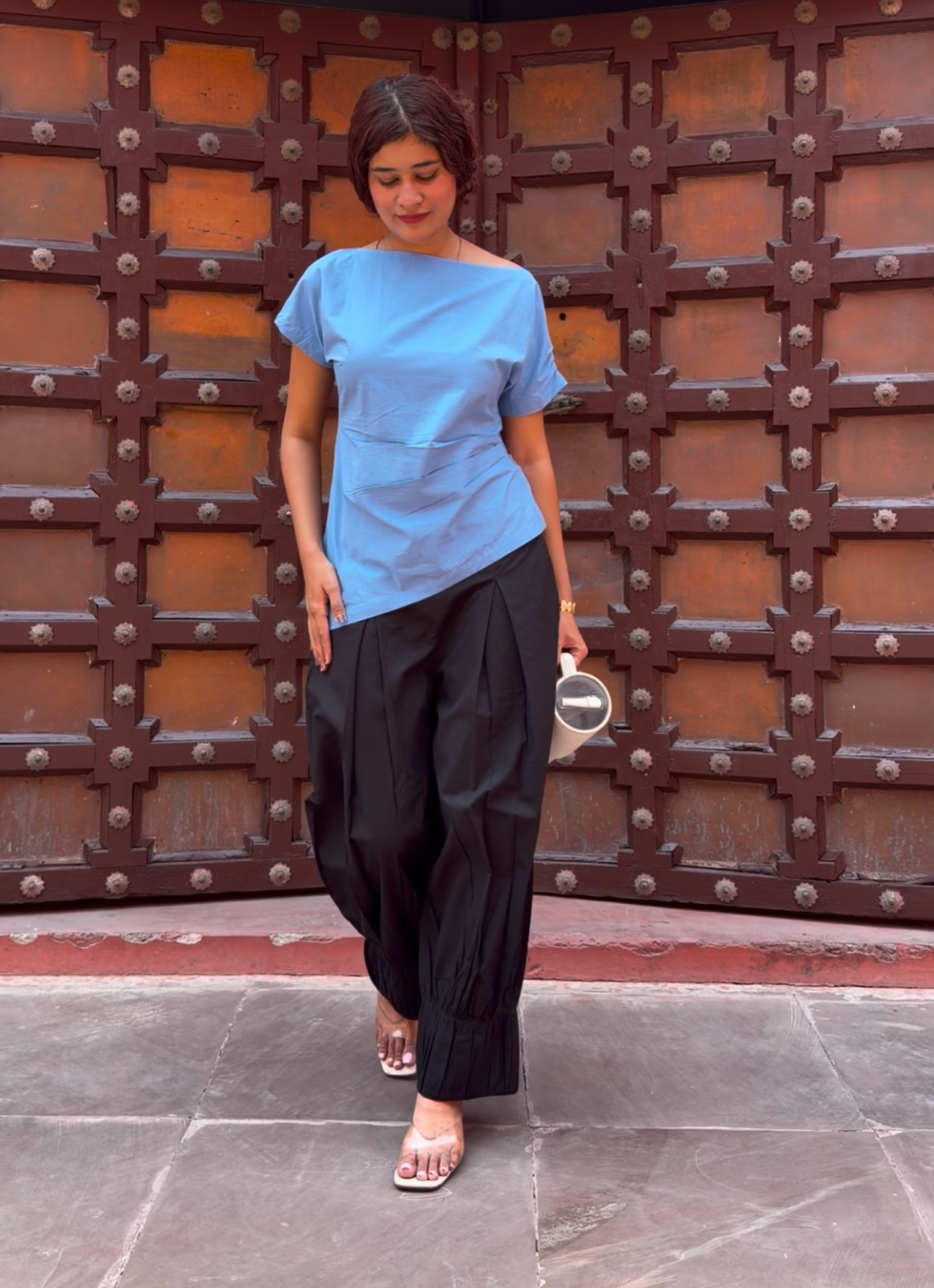 ⁠Sky Blue Top with Black Balloon Pant