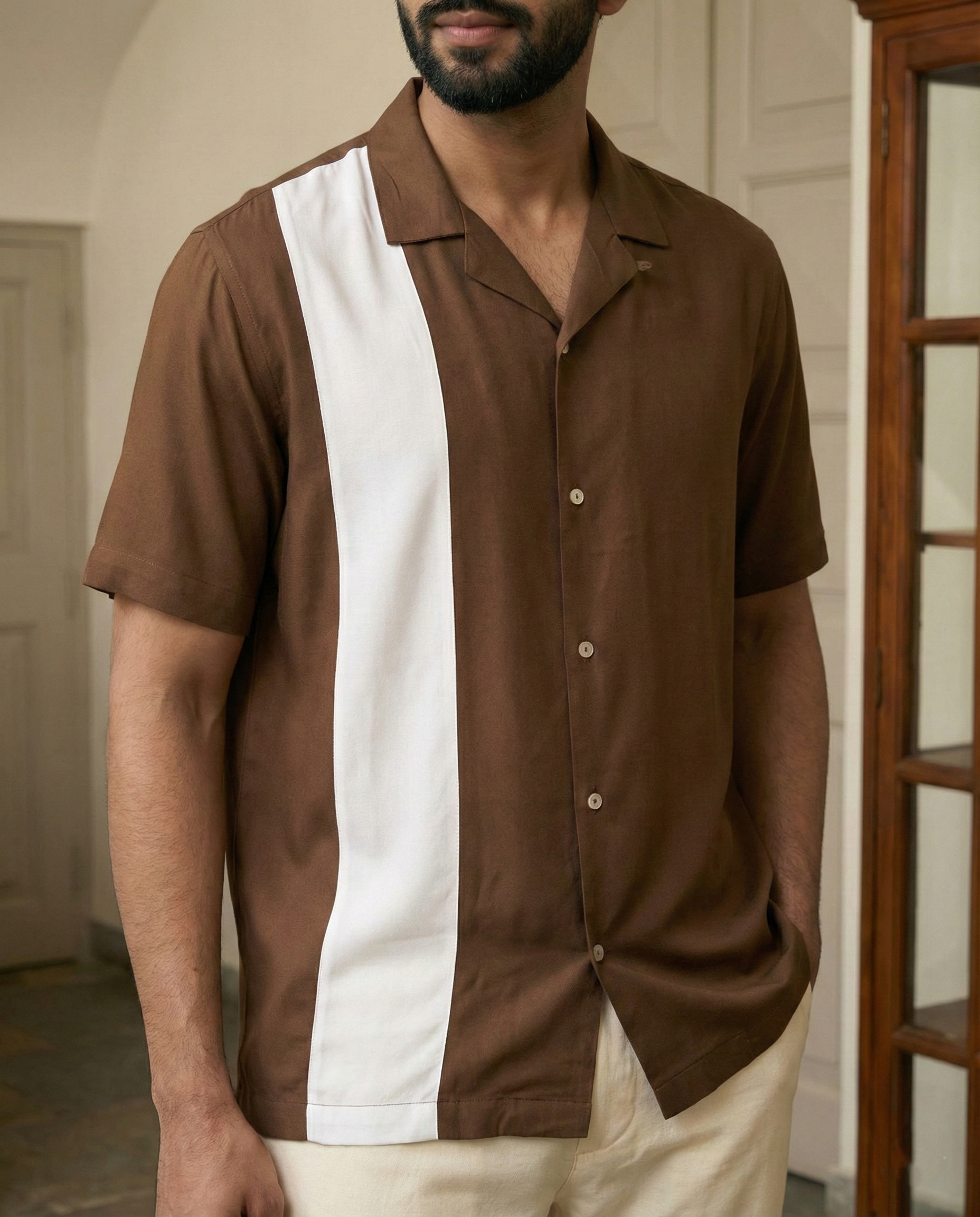 Solid Brown Off White Contrast Farshi and Shirt Matching Couple Set