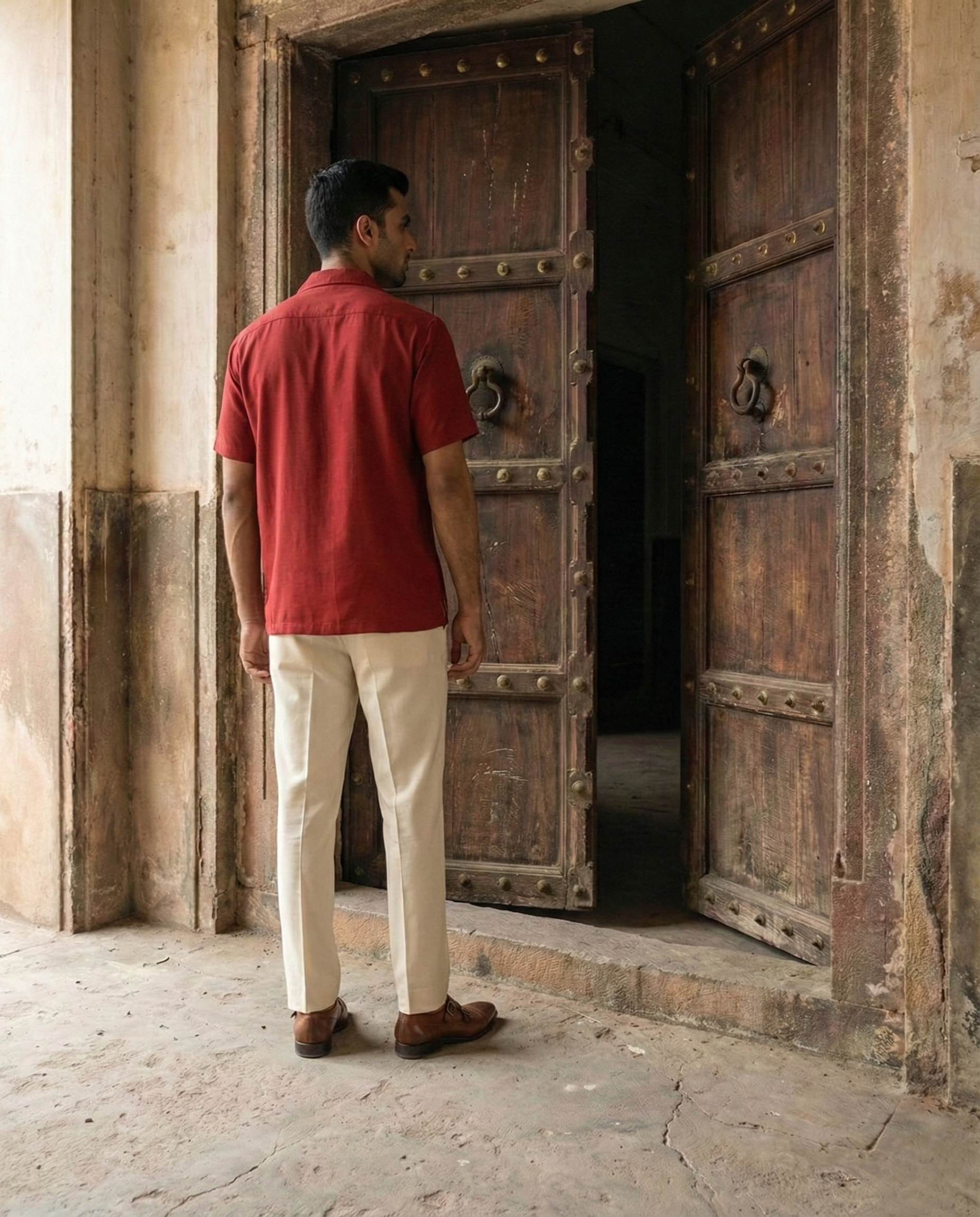 Cherry Red Off White Contrast Farshi and Shirt Matching Couple Set