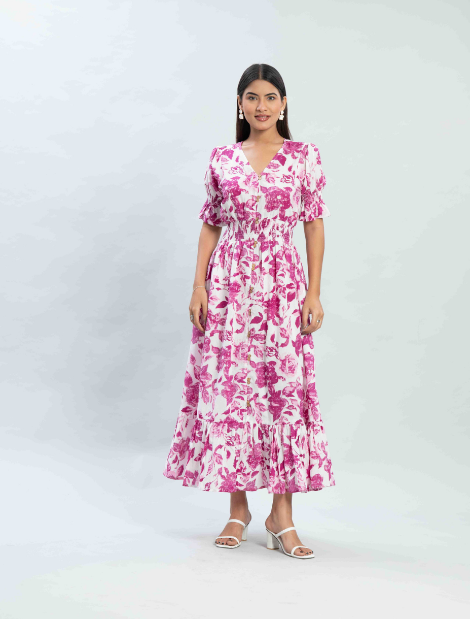 Pink Floral Printed Midi Dress