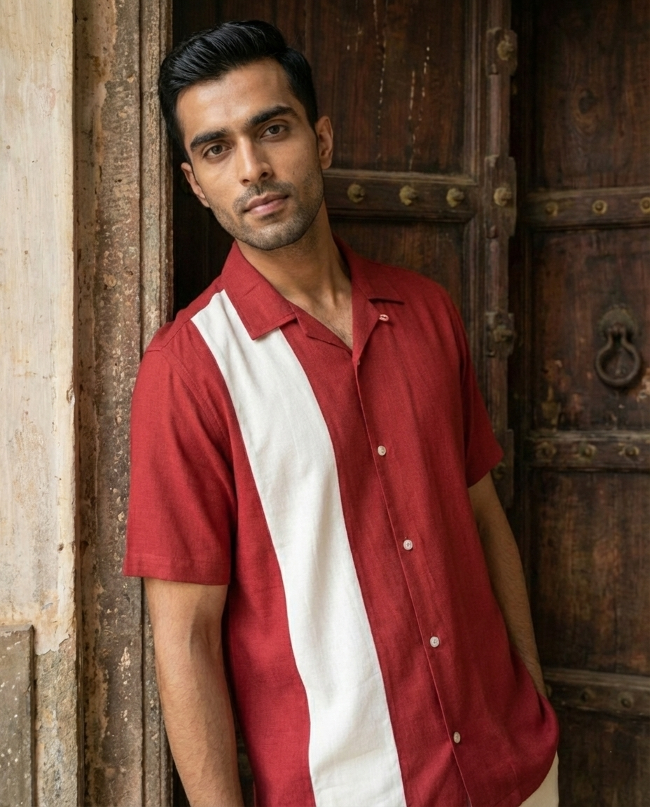 Cherry Red Off White Contrast Farshi and Shirt Matching Couple Set