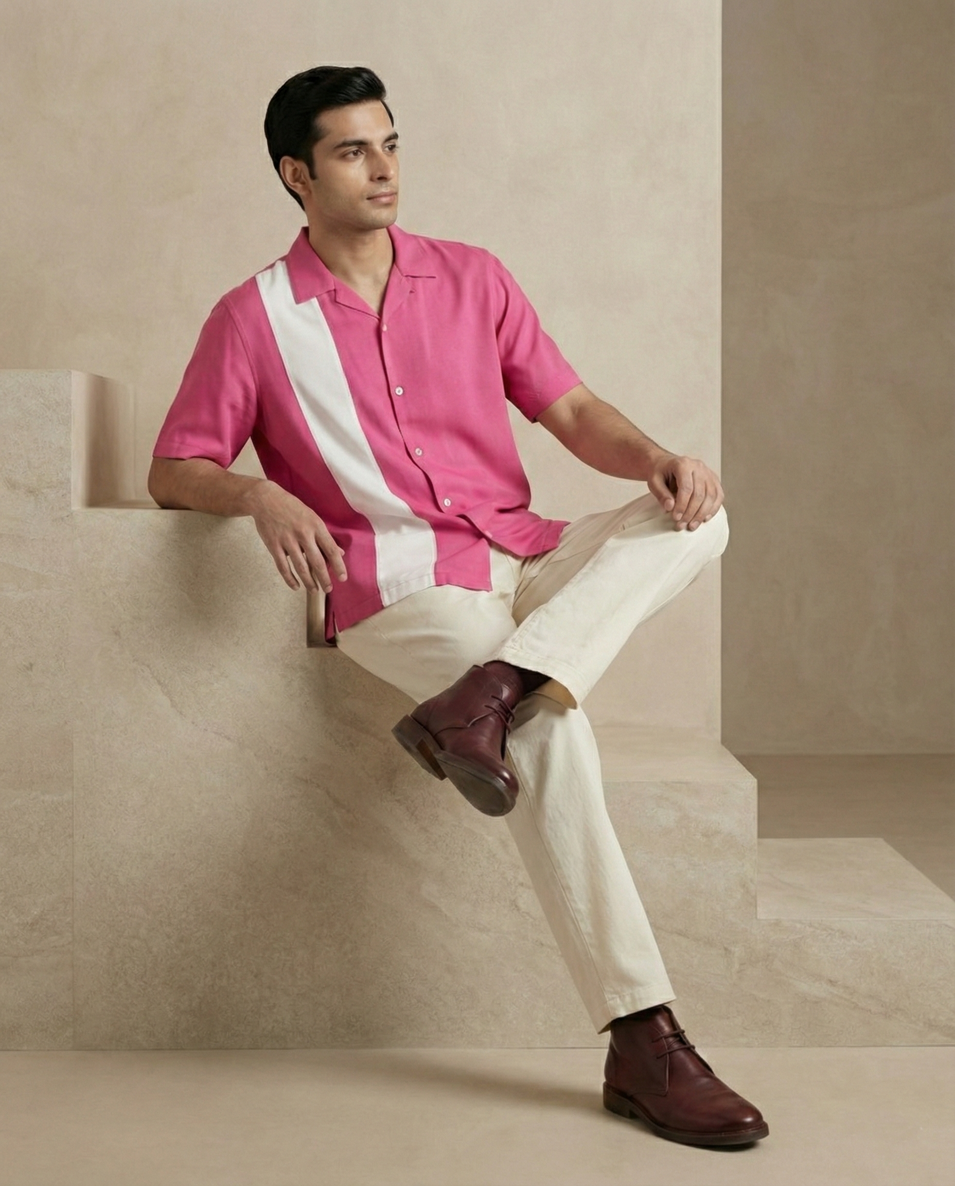 Pink Off White Contrast Farshi and Shirt Matching Couple Set
