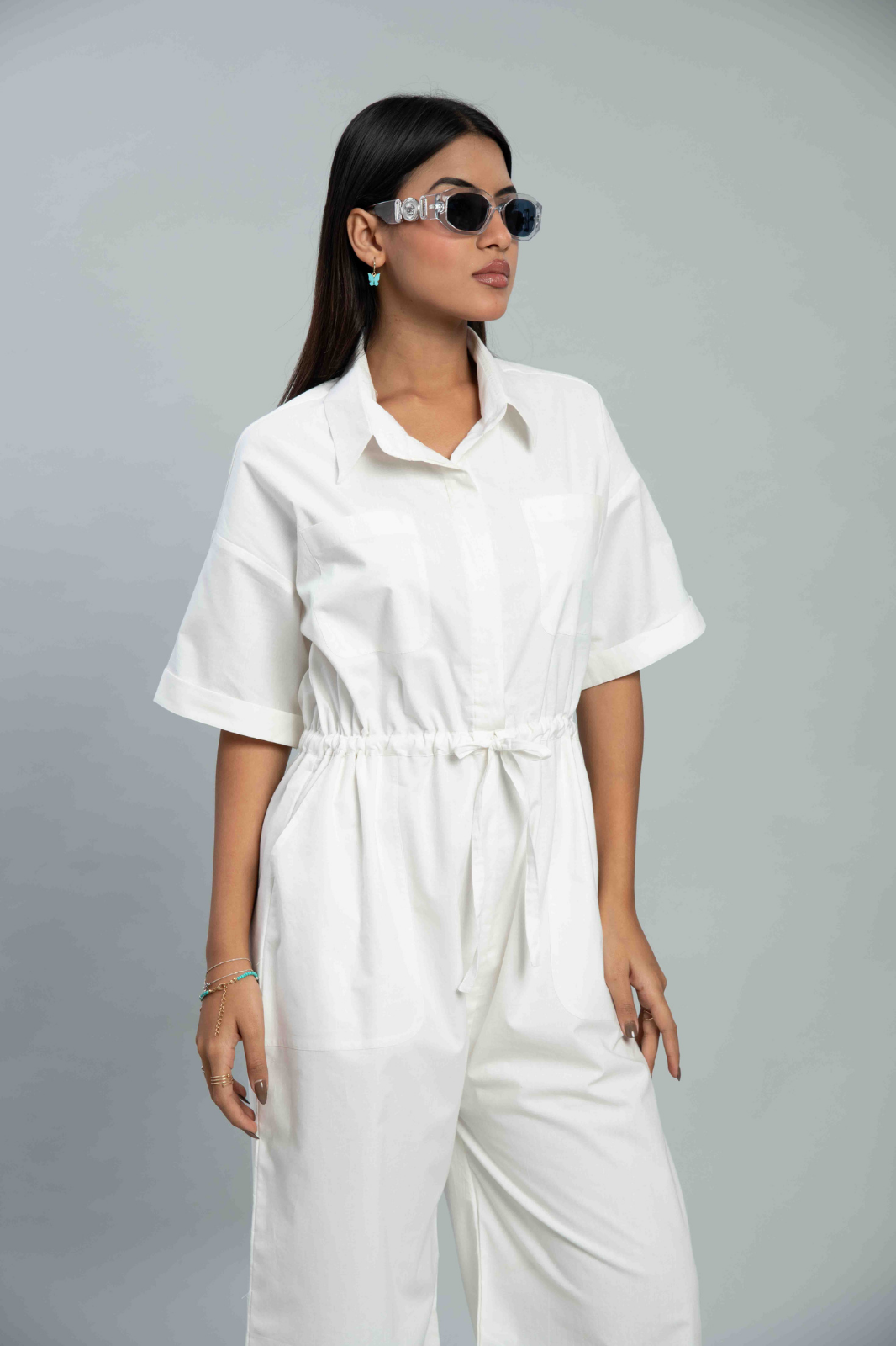 White Cotton Poplin Drawstring Waist Jumpsuit