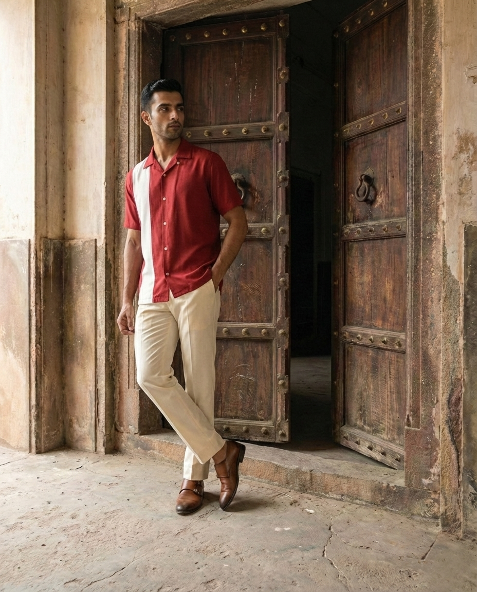 Cherry Red Off White Contrast Farshi and Shirt Matching Couple Set