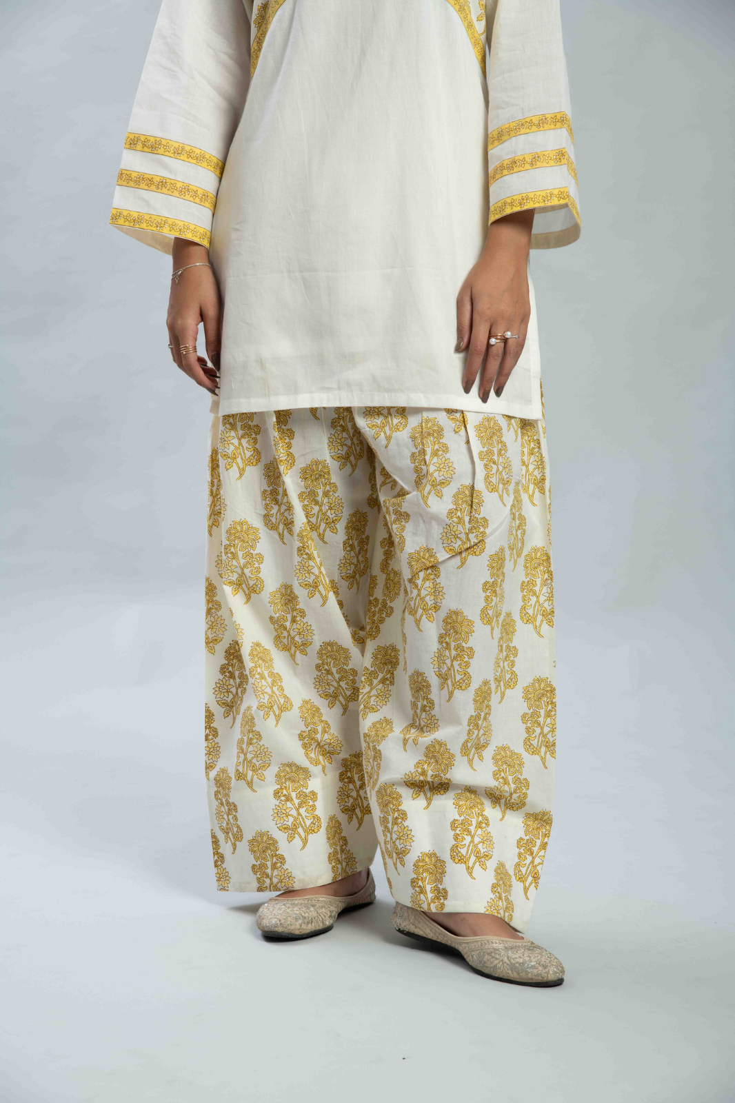 Yellow handblocked Farshi salwar set