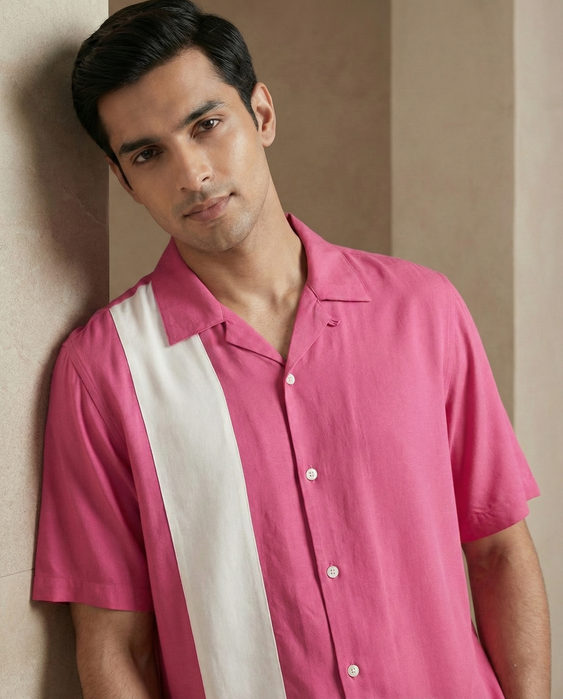 Pink Off White Contrast Farshi and Shirt Matching Couple Set