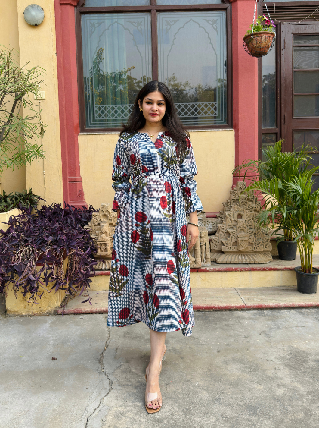 Floral checked dress with drawstring waist