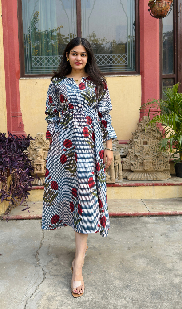 Floral checked dress with drawstring waist