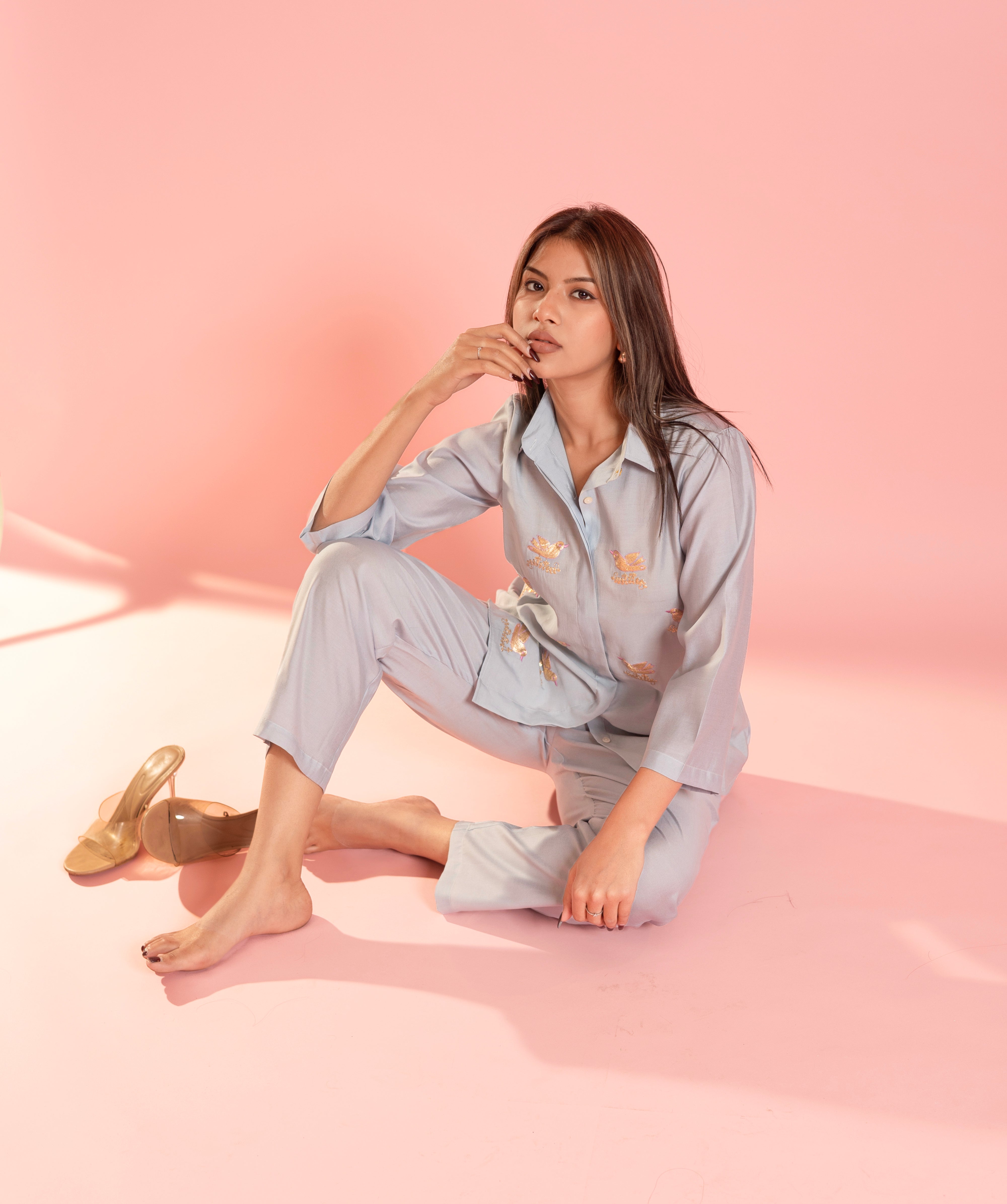 Bird Boota Co-ord Set In Powder Blue