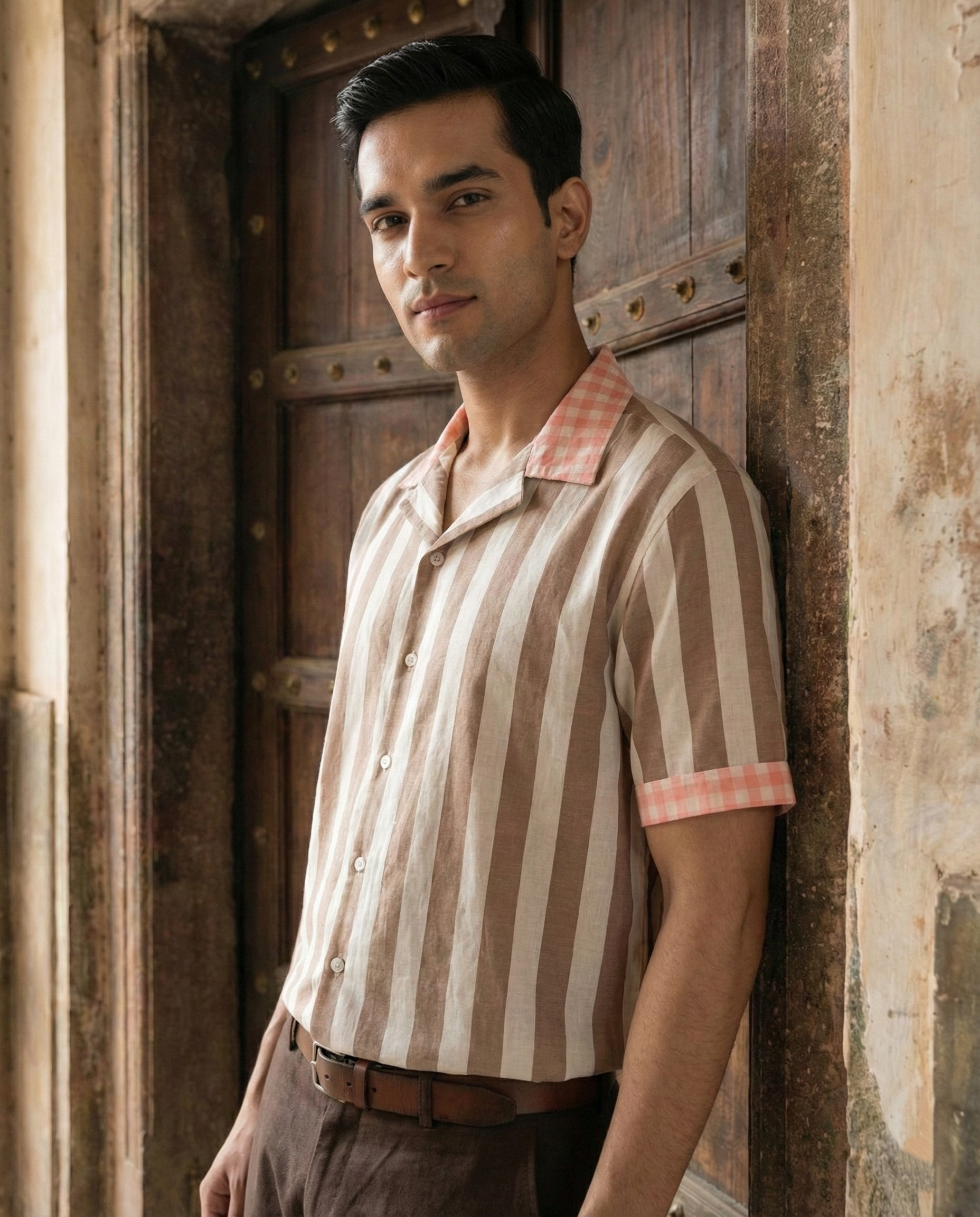 Beige Striped Contrast collar Menʼs Shirt