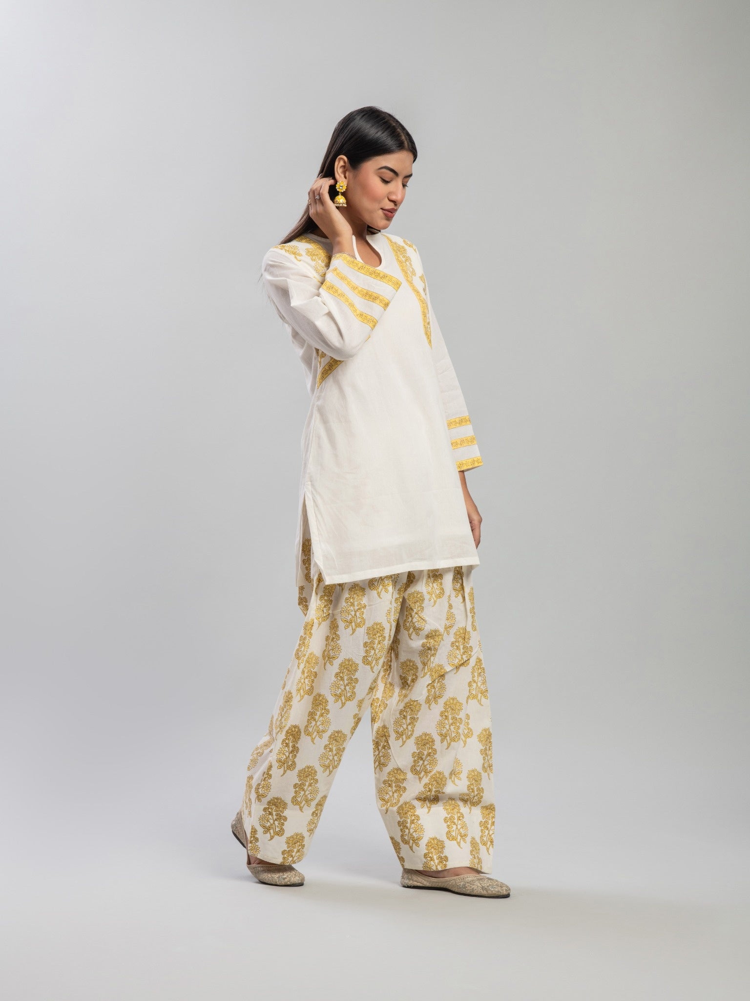 Yellow handblocked Farshi salwar set