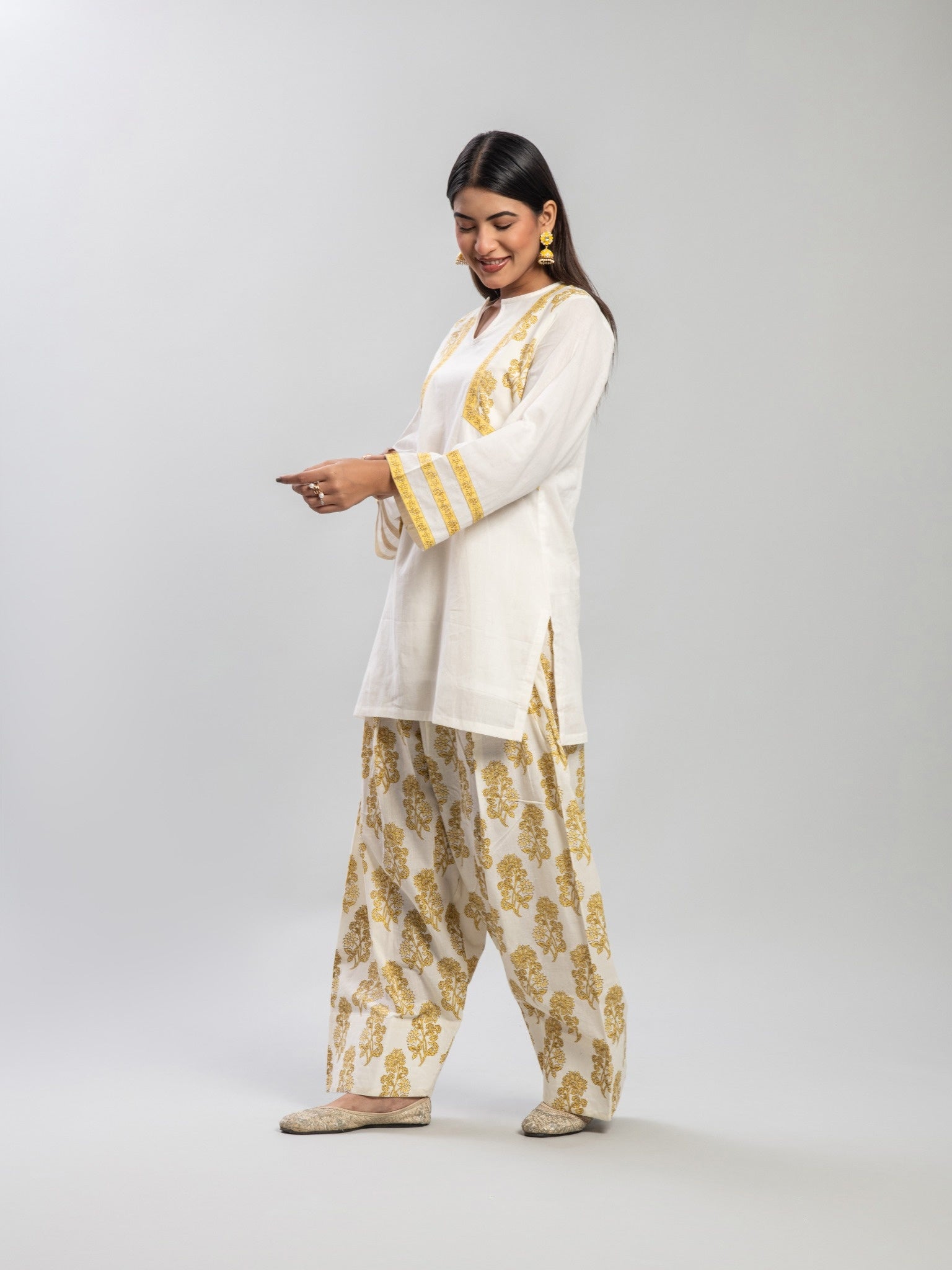 Yellow handblocked Farshi salwar set