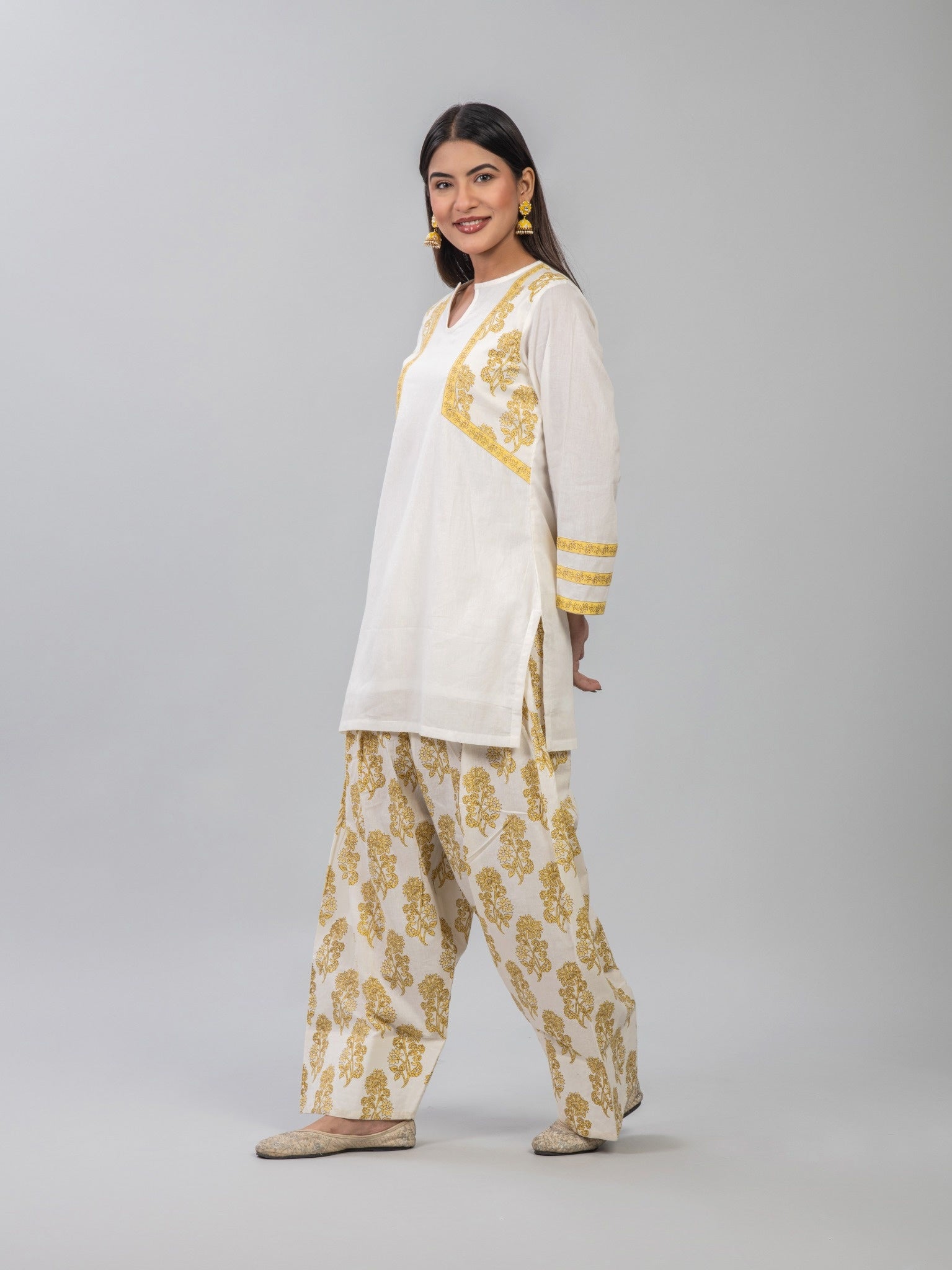 Yellow handblocked Farshi salwar set