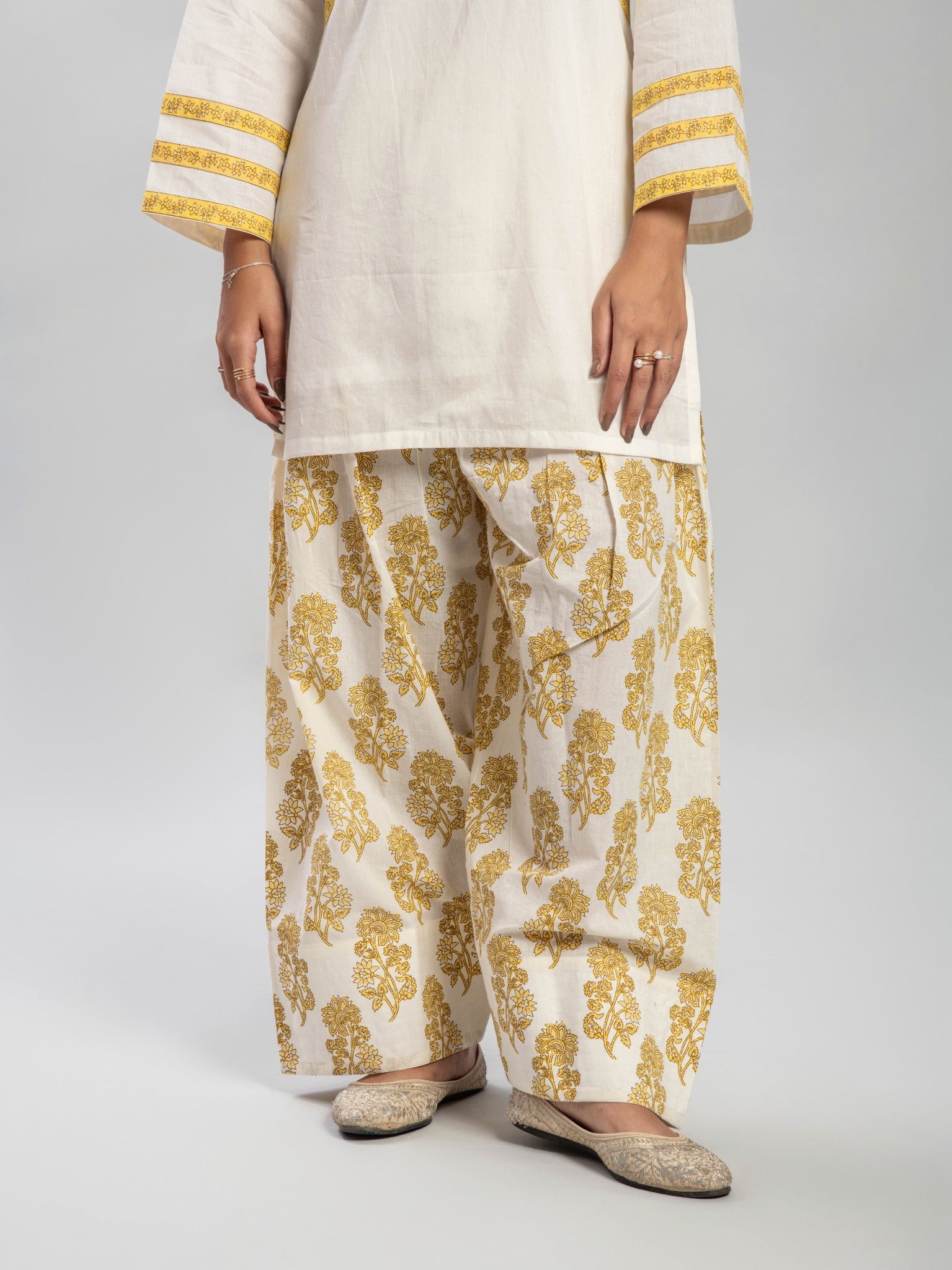 Yellow handblocked Farshi salwar set