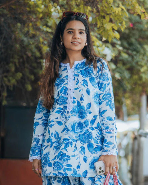 Blue Floral Cotton Kurti