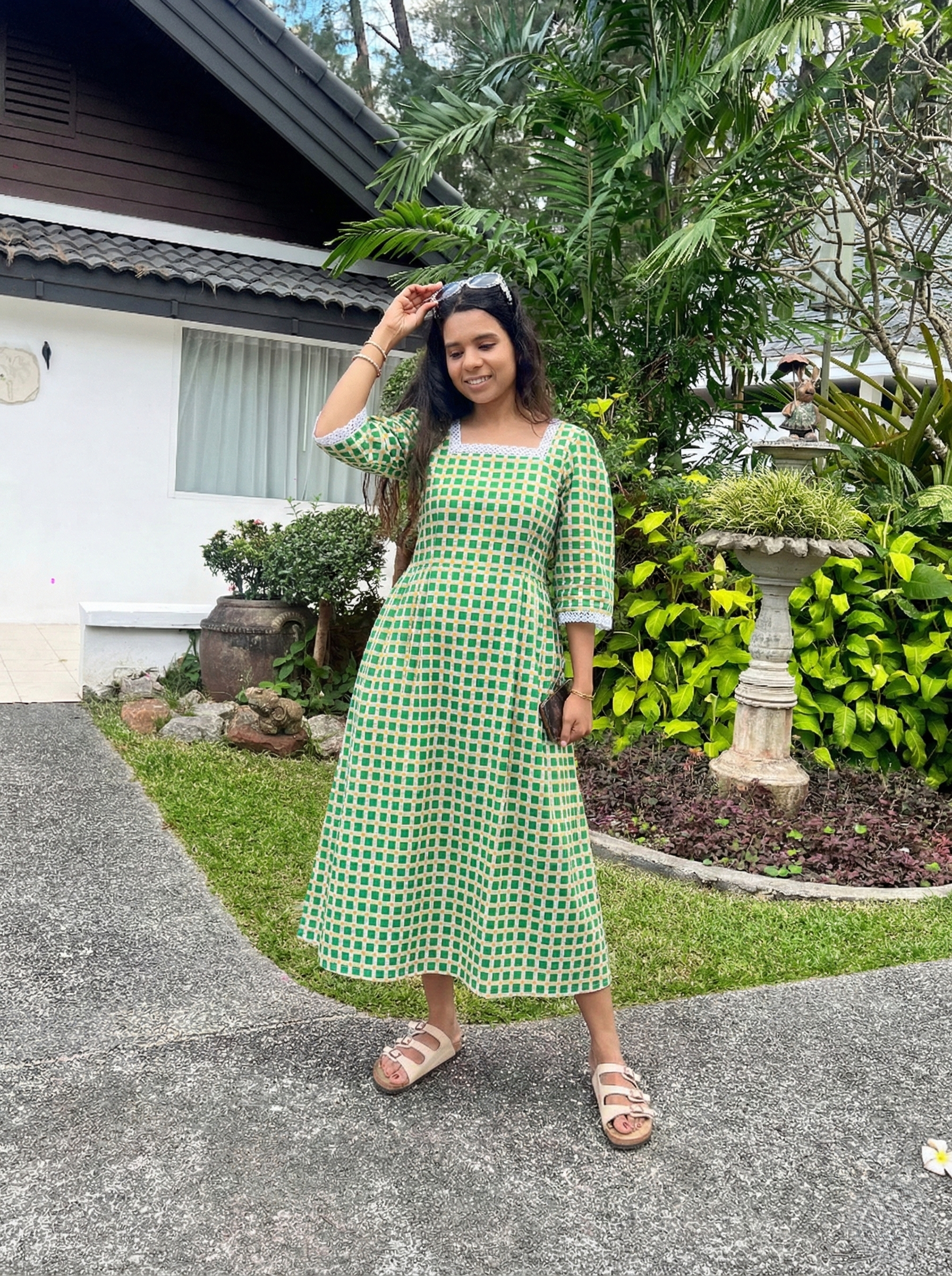 Green Gingham Cotton Midi Dress